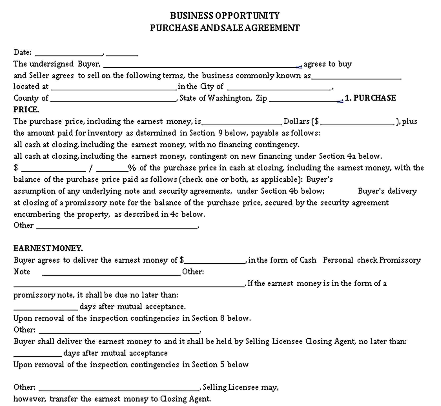 Templates Business Opportunity Purchase Sale Agreement Sample