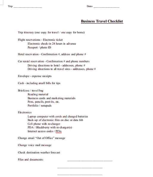 Templates Business Travel Checklist Example