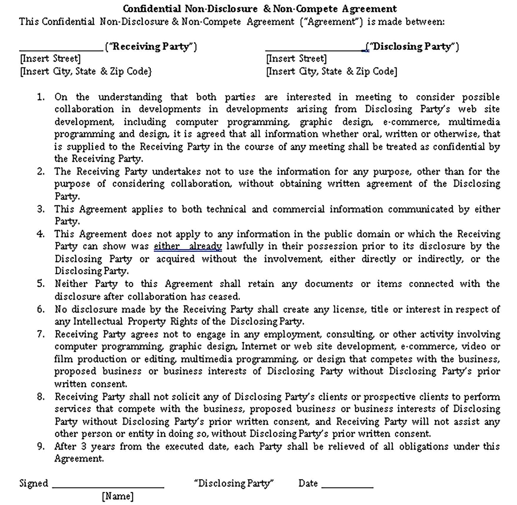 Templates Business non disclosure Agreement Sample