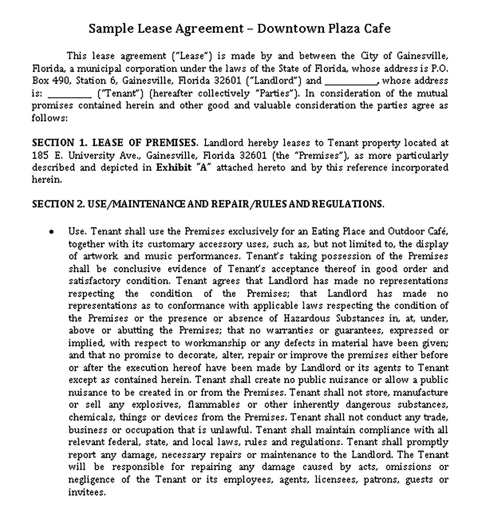 Templates Cafe Lease Agreement Sample 002