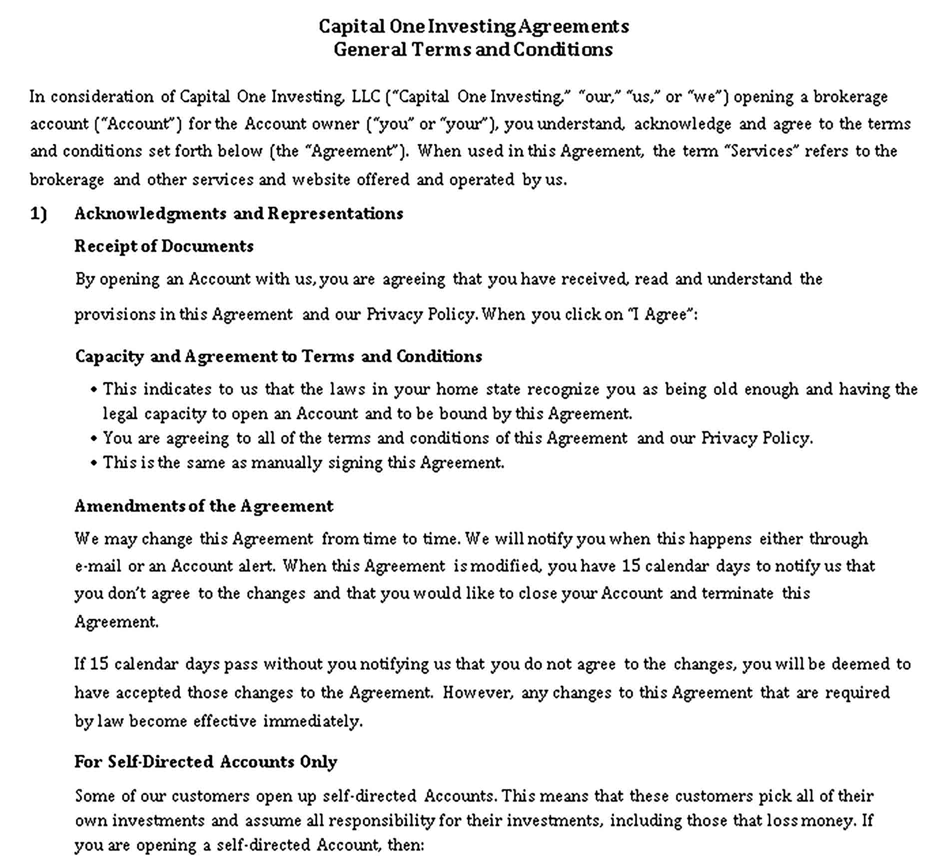 Templates Capital One Personal Account Investment Agreement Sample
