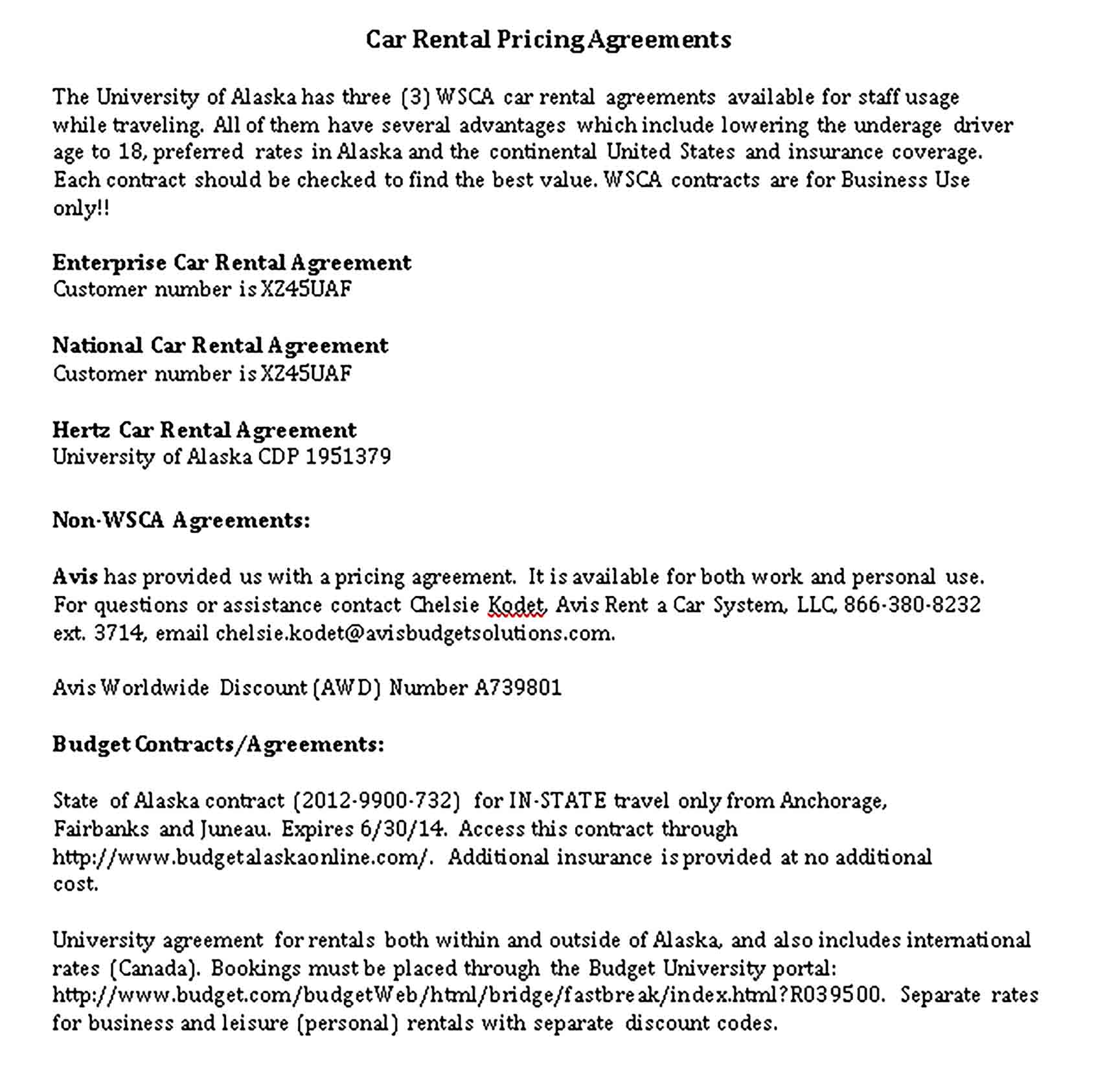Templates Car Rental Pricing Agreements Sample