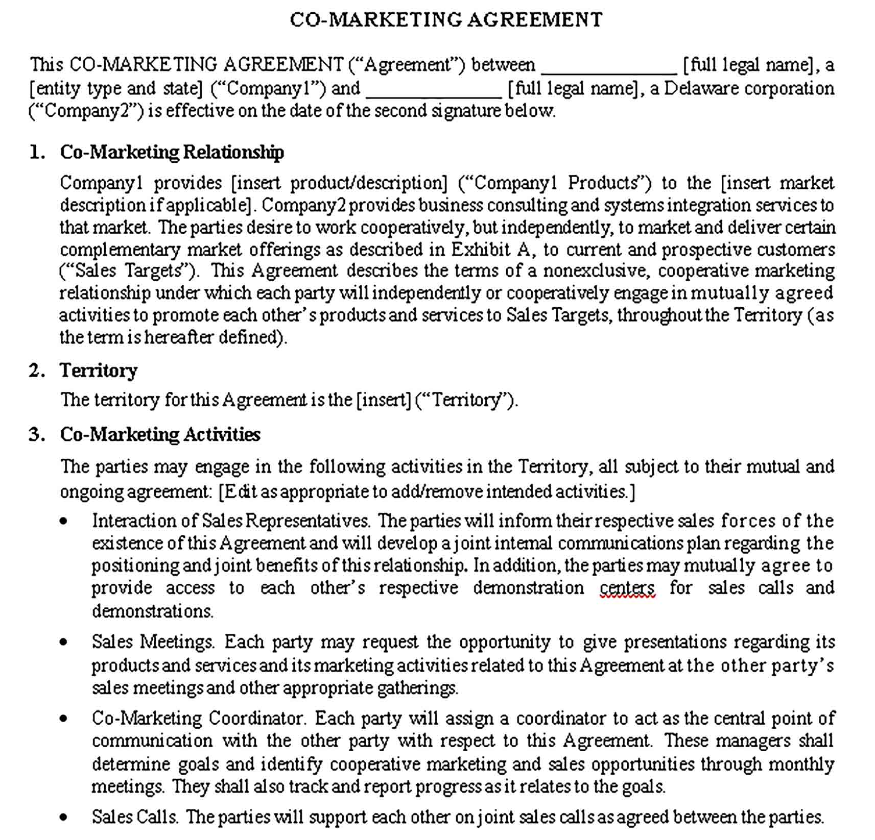 Templates Co Marketing Agreement Sample