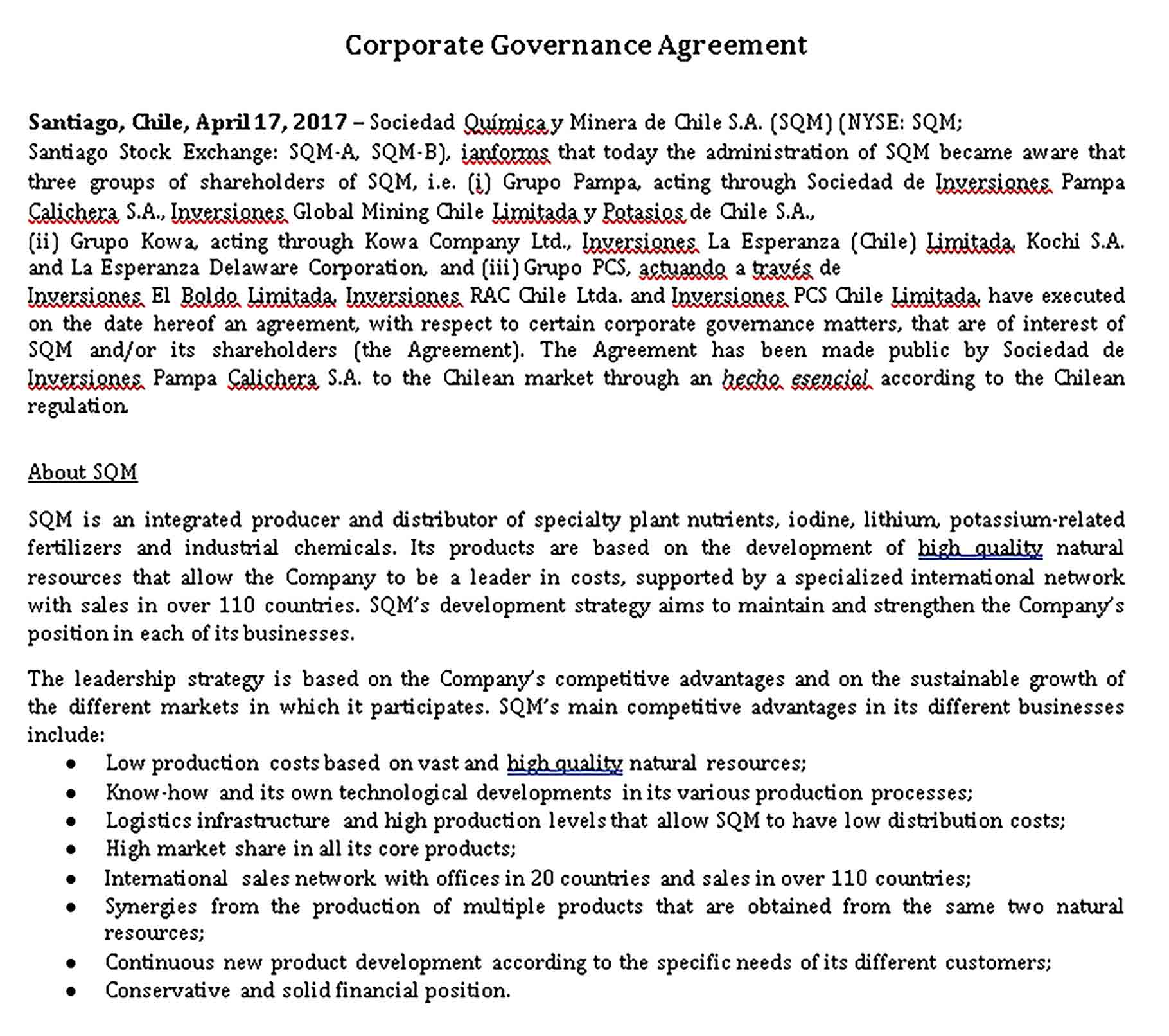 Templates Corporate Governance Agreement Sample