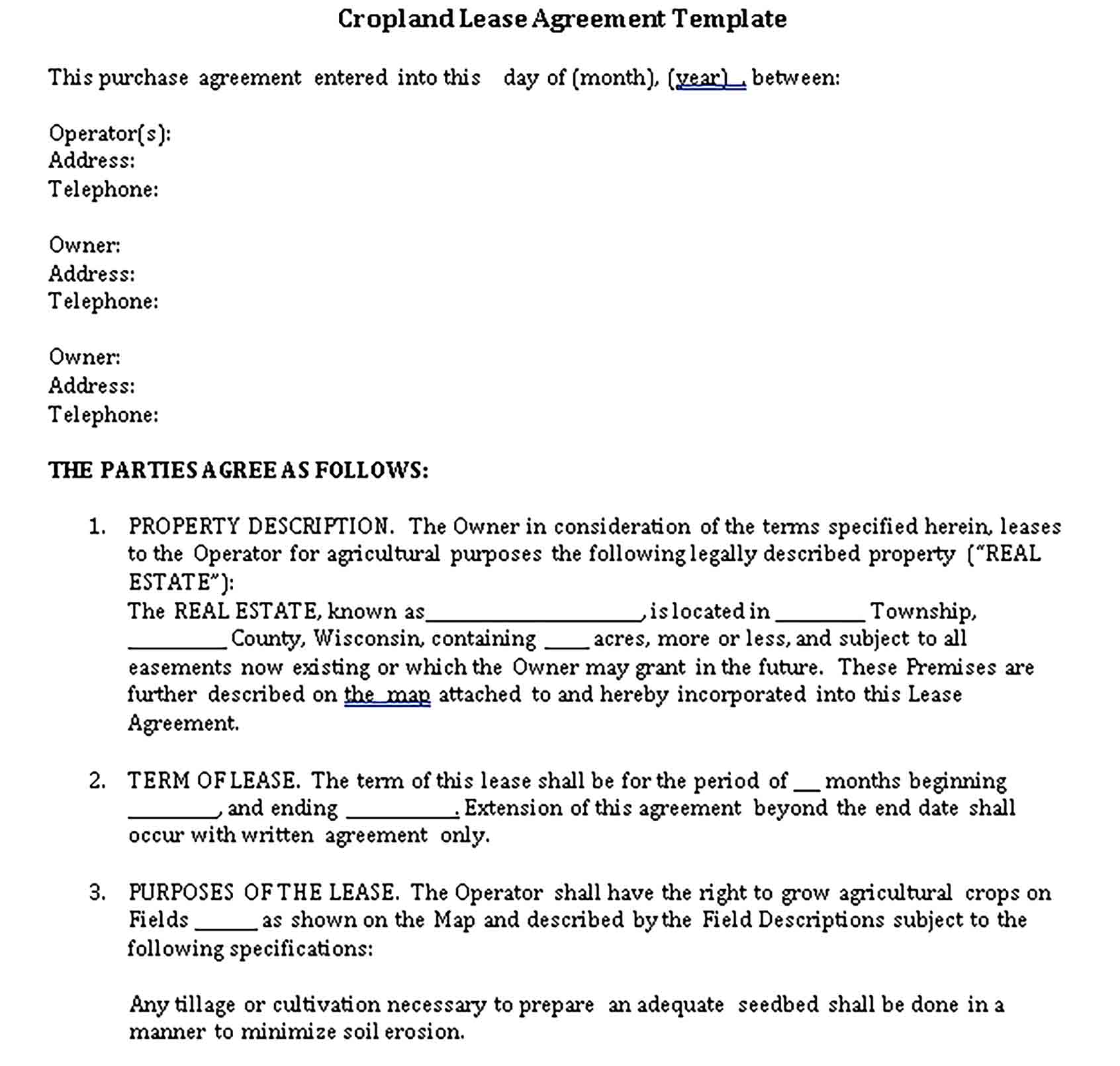 Templates Cropland Lease Agreement Sample