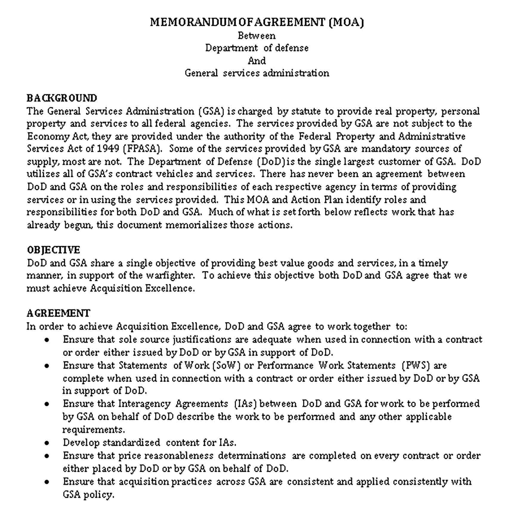 Templates Defense Service Memorandum Agreement Word Document Sample