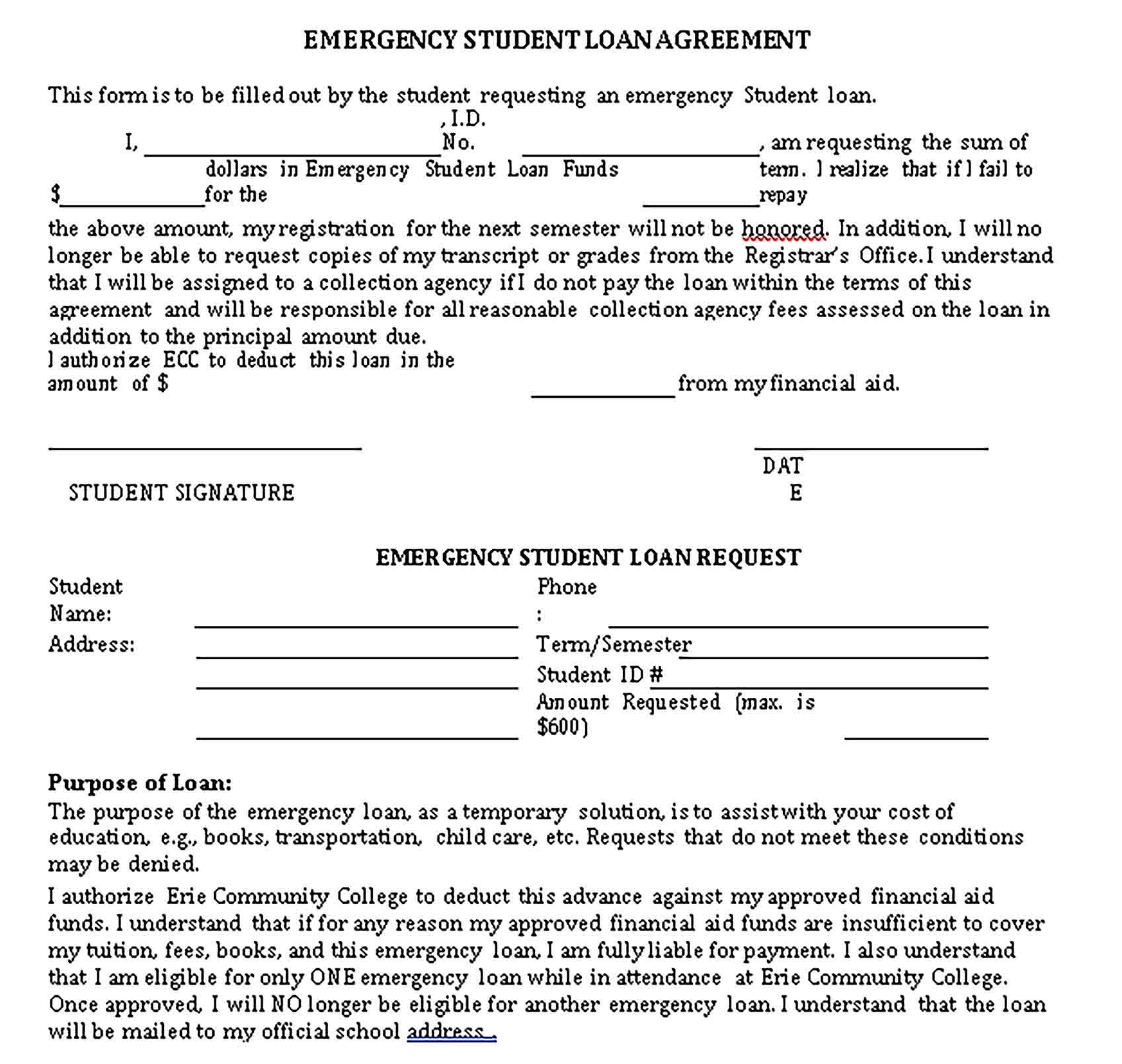 Templates Emergency Student Loan Agreement Sample