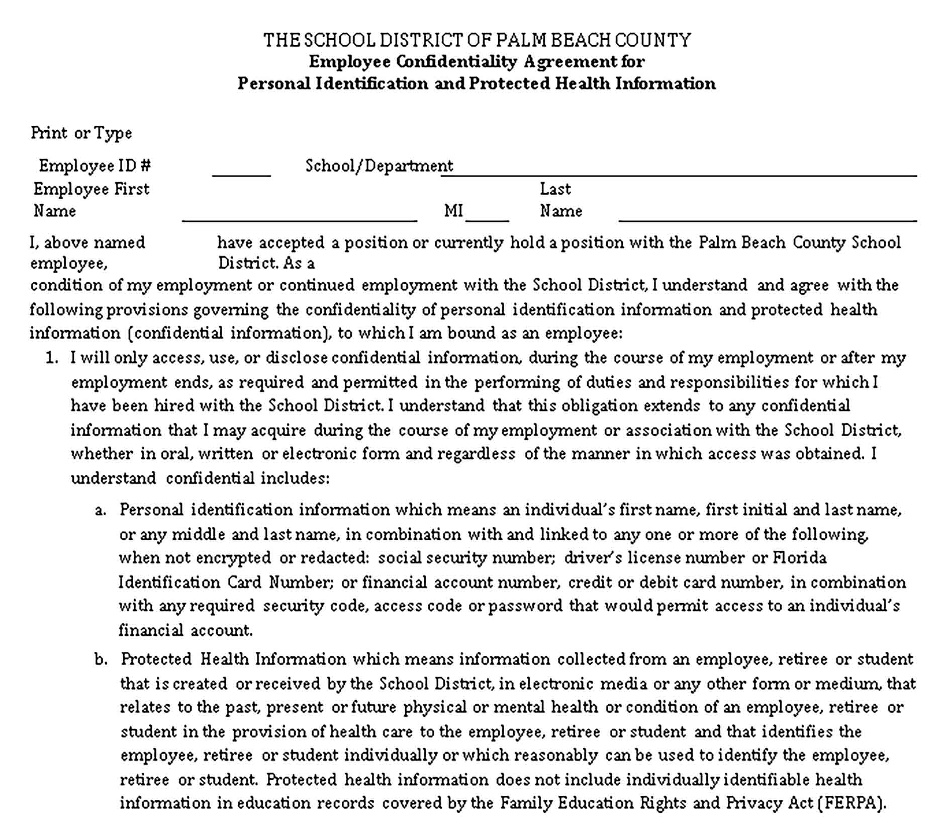 Templates Employee Confidentiality Agreement for Personal Identification Sample