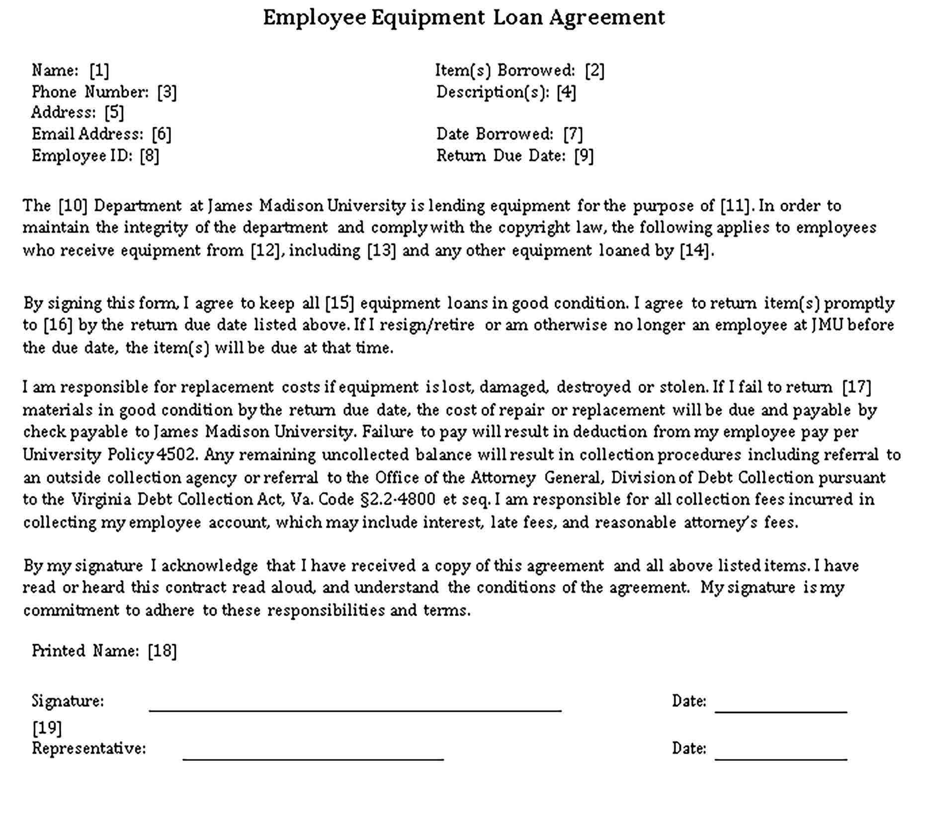 Templates Employee Equipment Loan Agreement Sample