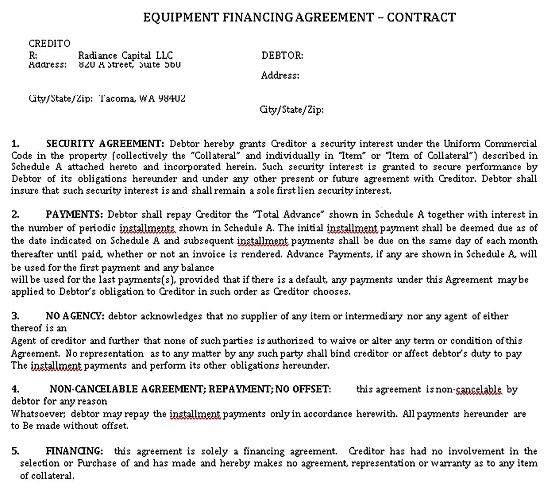 Templates Equipment Finance Agreement Sample