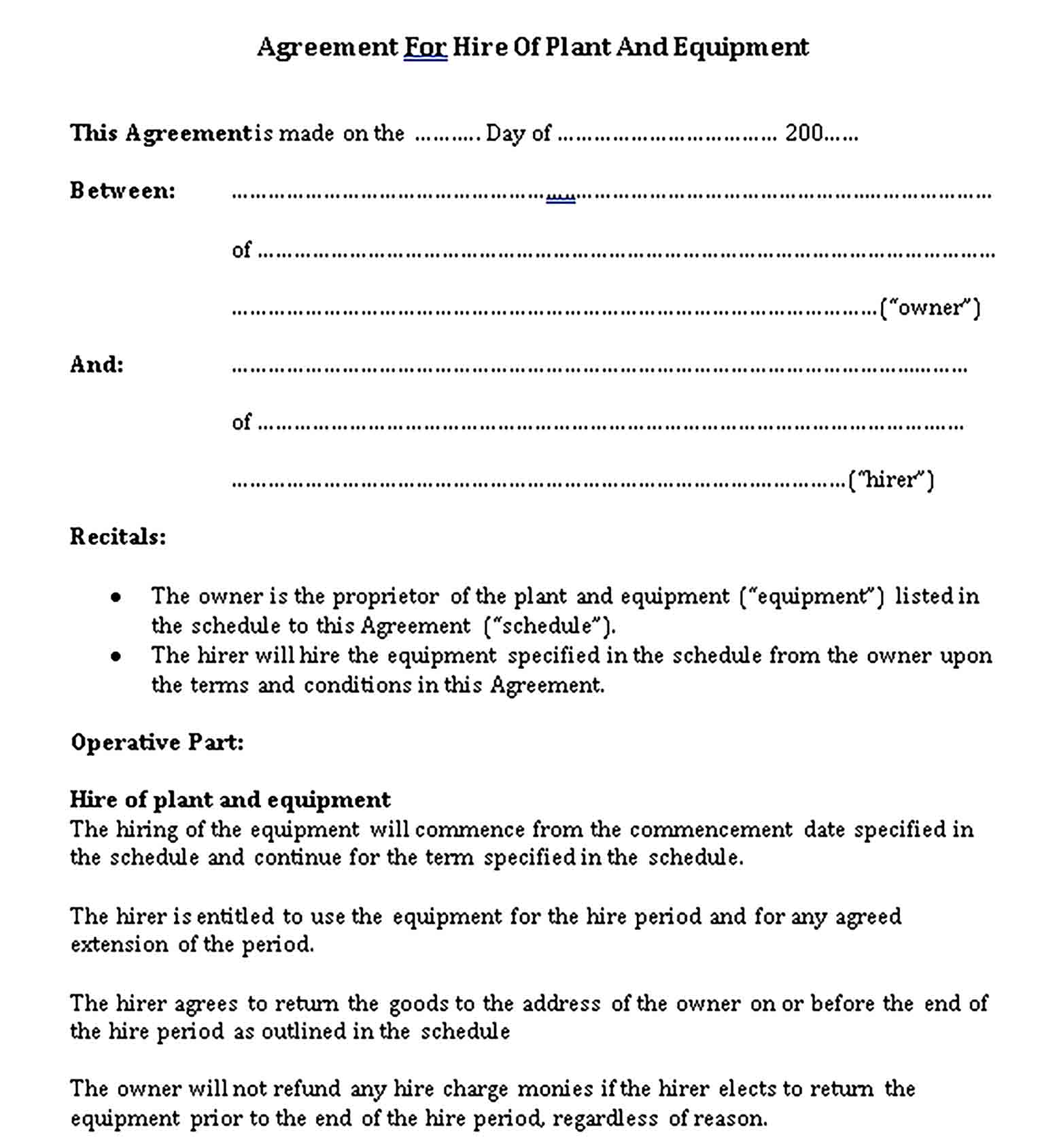 Templates Equipment Rental Agreement Letter Sample