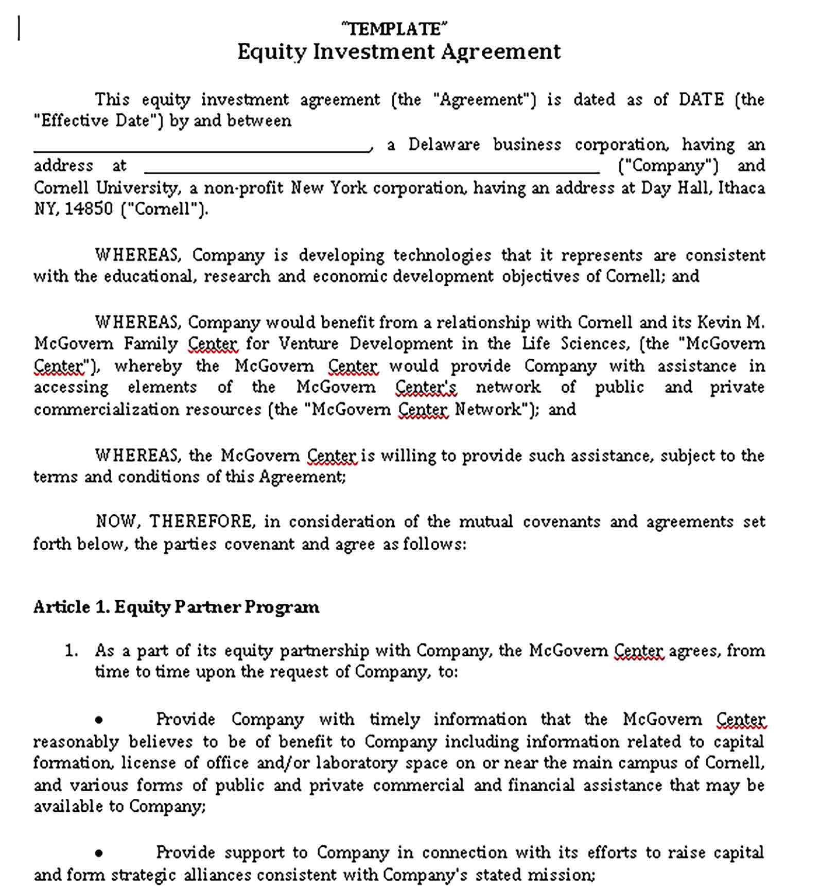 Templates Equity Investment Agreement Sample