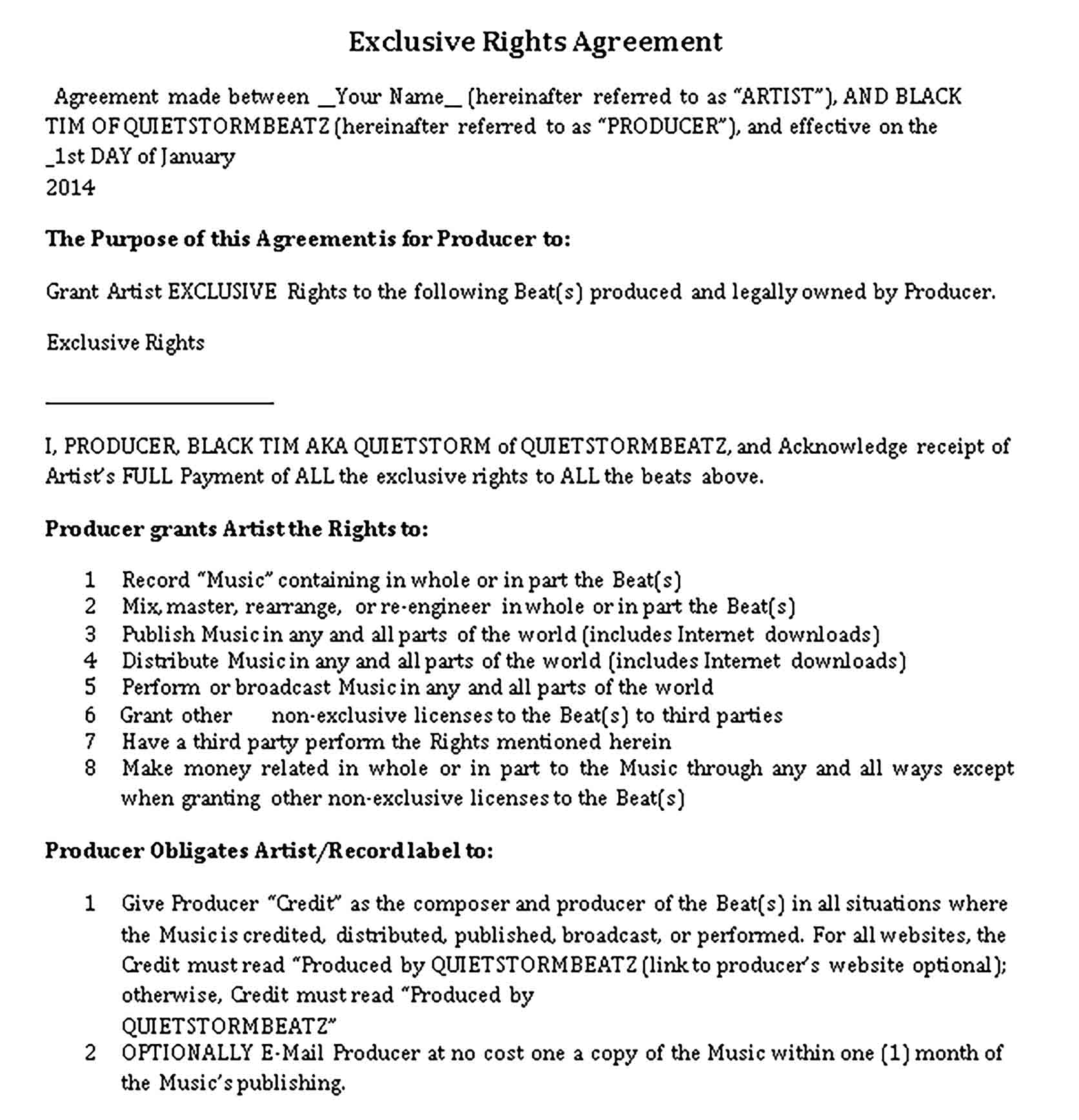 Templates Exclusive Rights Agreement Sample