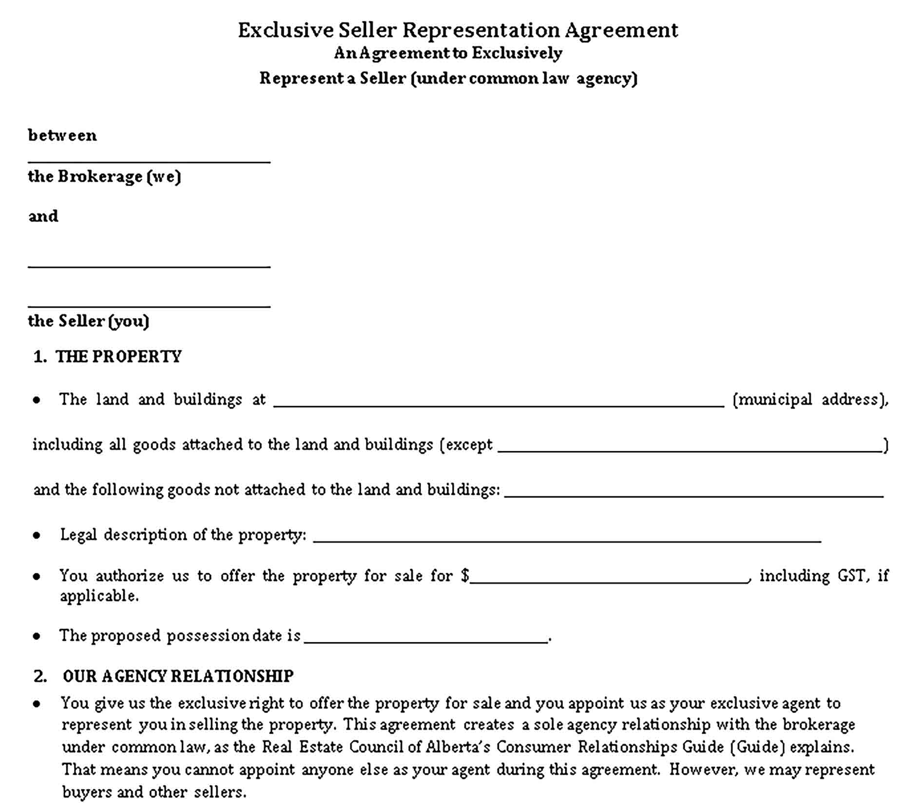 Templates Exclusive Seller Representation Agreement Sample