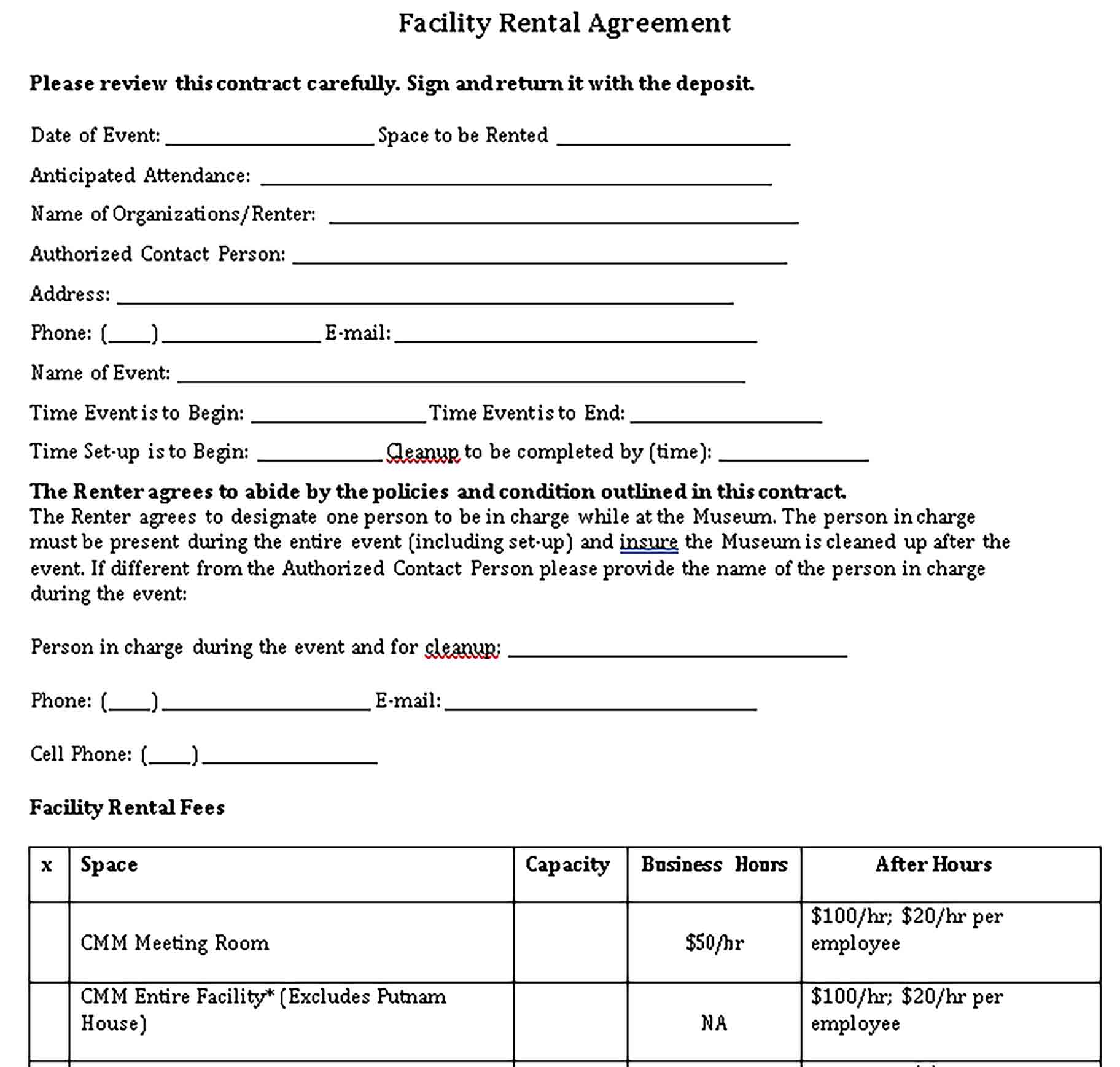 Templates Facility Rental Agreement Form Sample