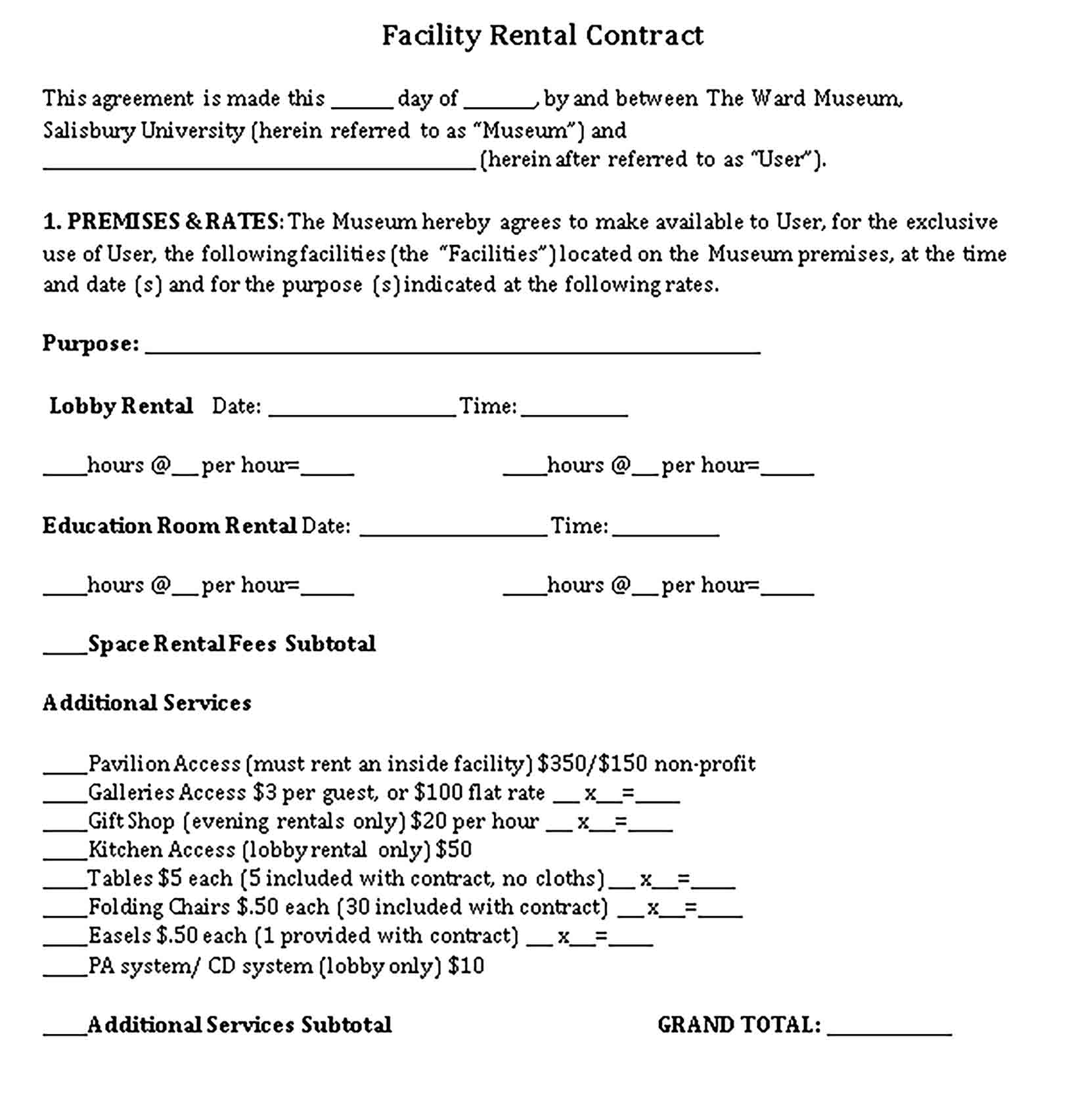 Templates Facility Rental Contract Sample