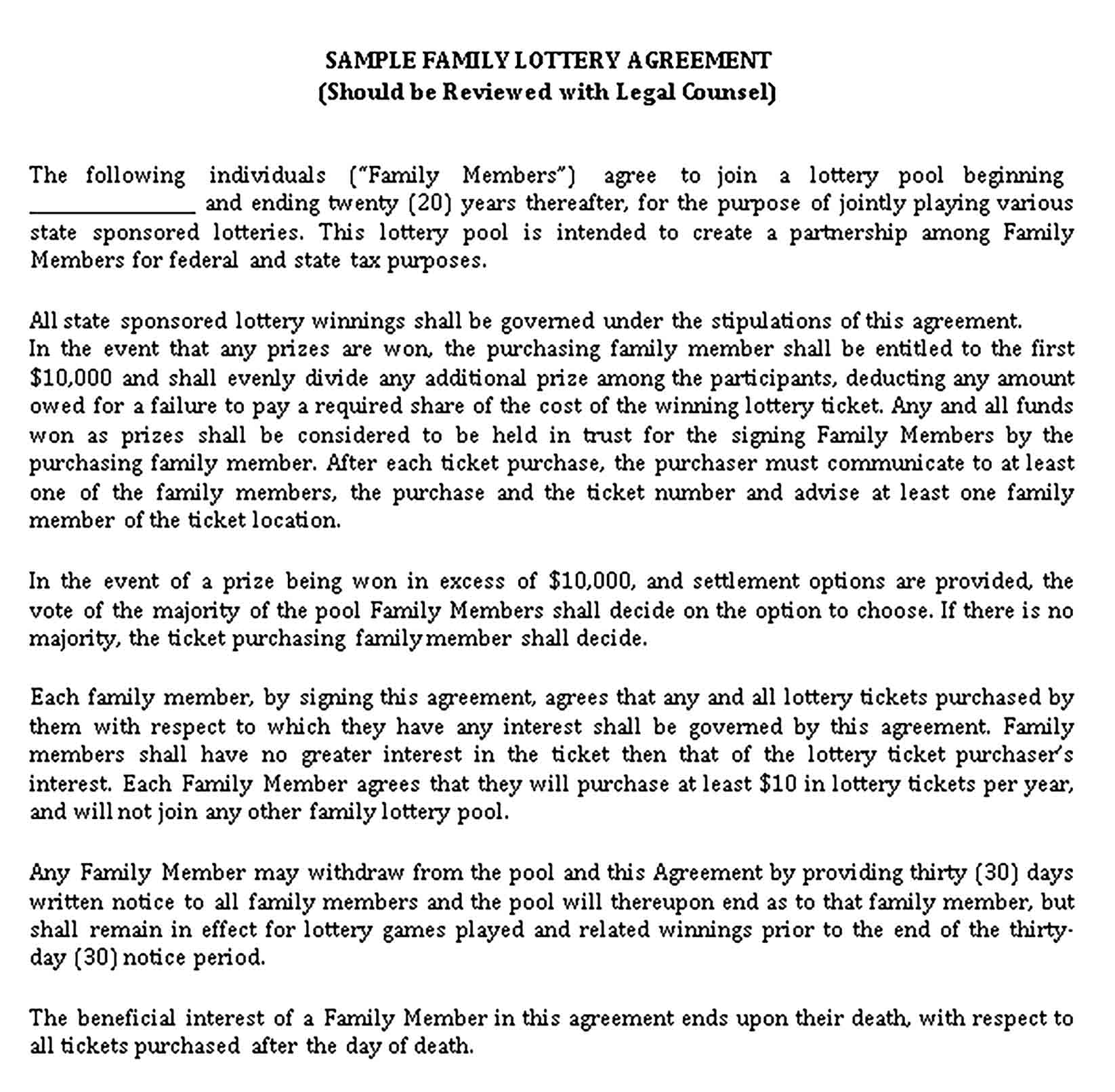 Templates Family Lottery Pool Agreement Sample