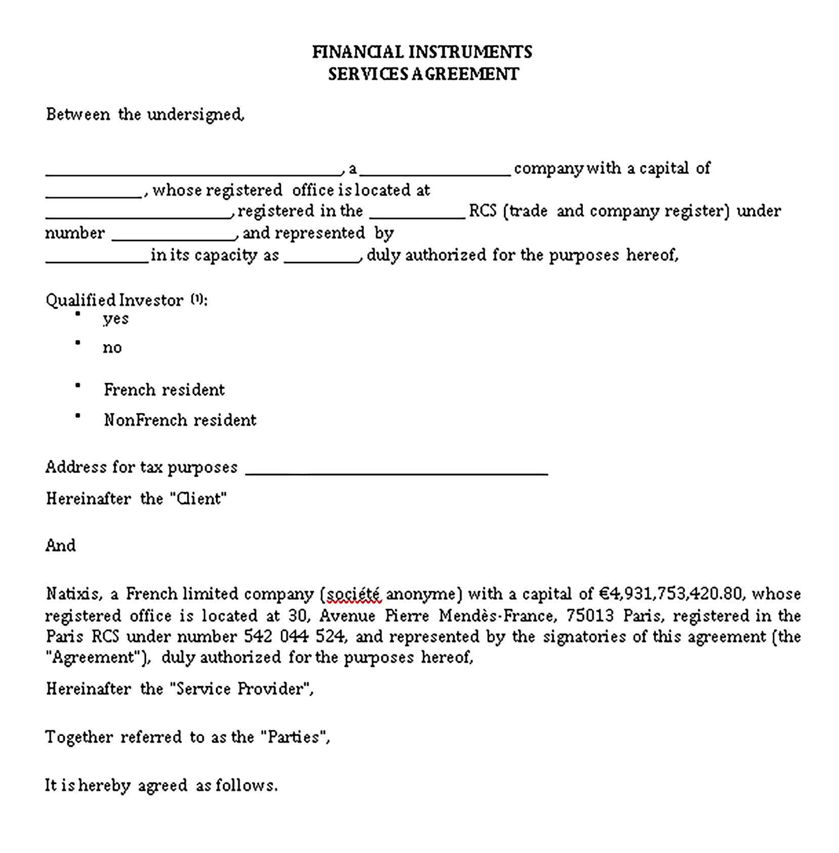 Templates Financial Instruments Services Agreement Sample