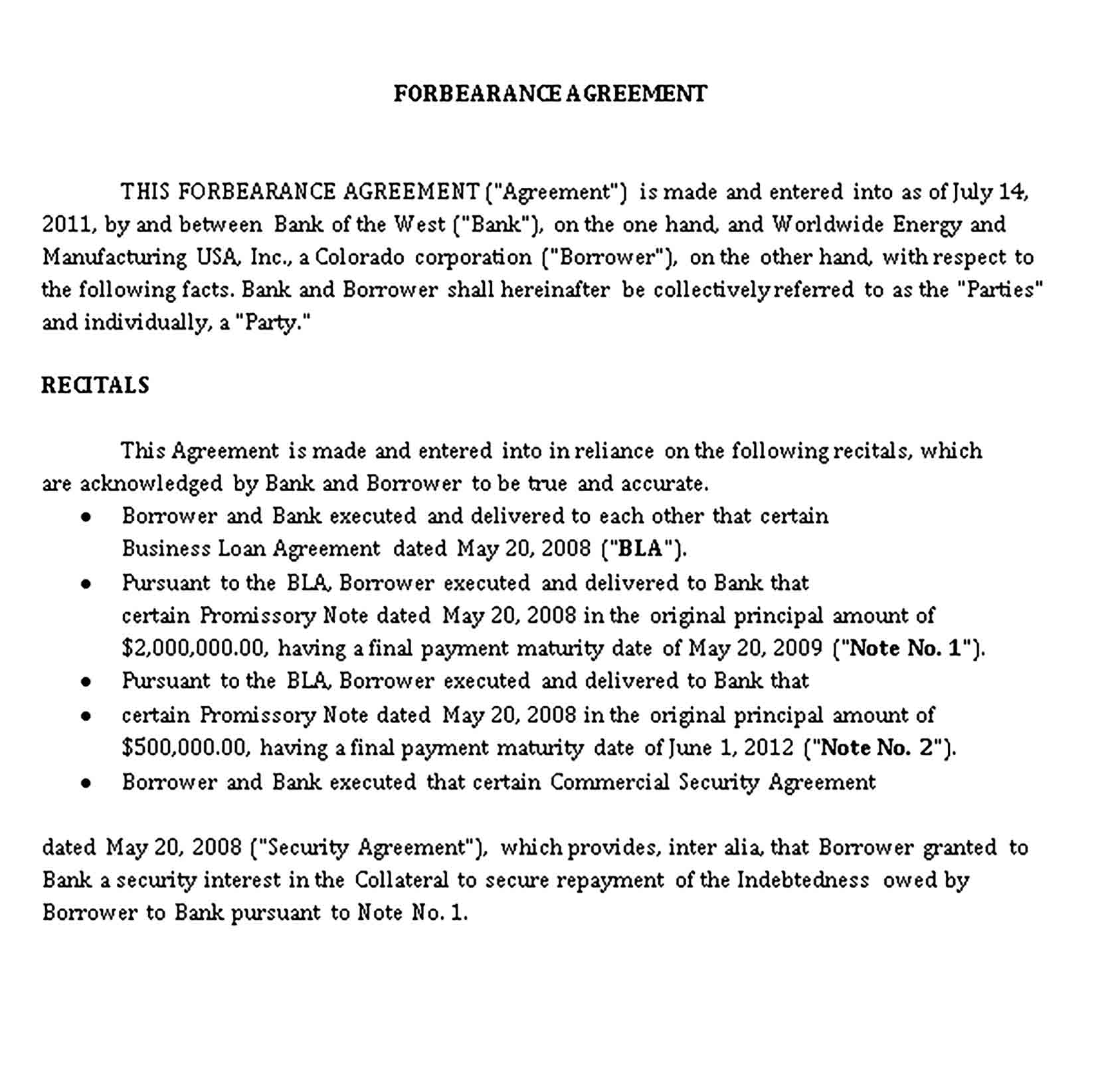 Templates Forbearance Agreement Sample 003