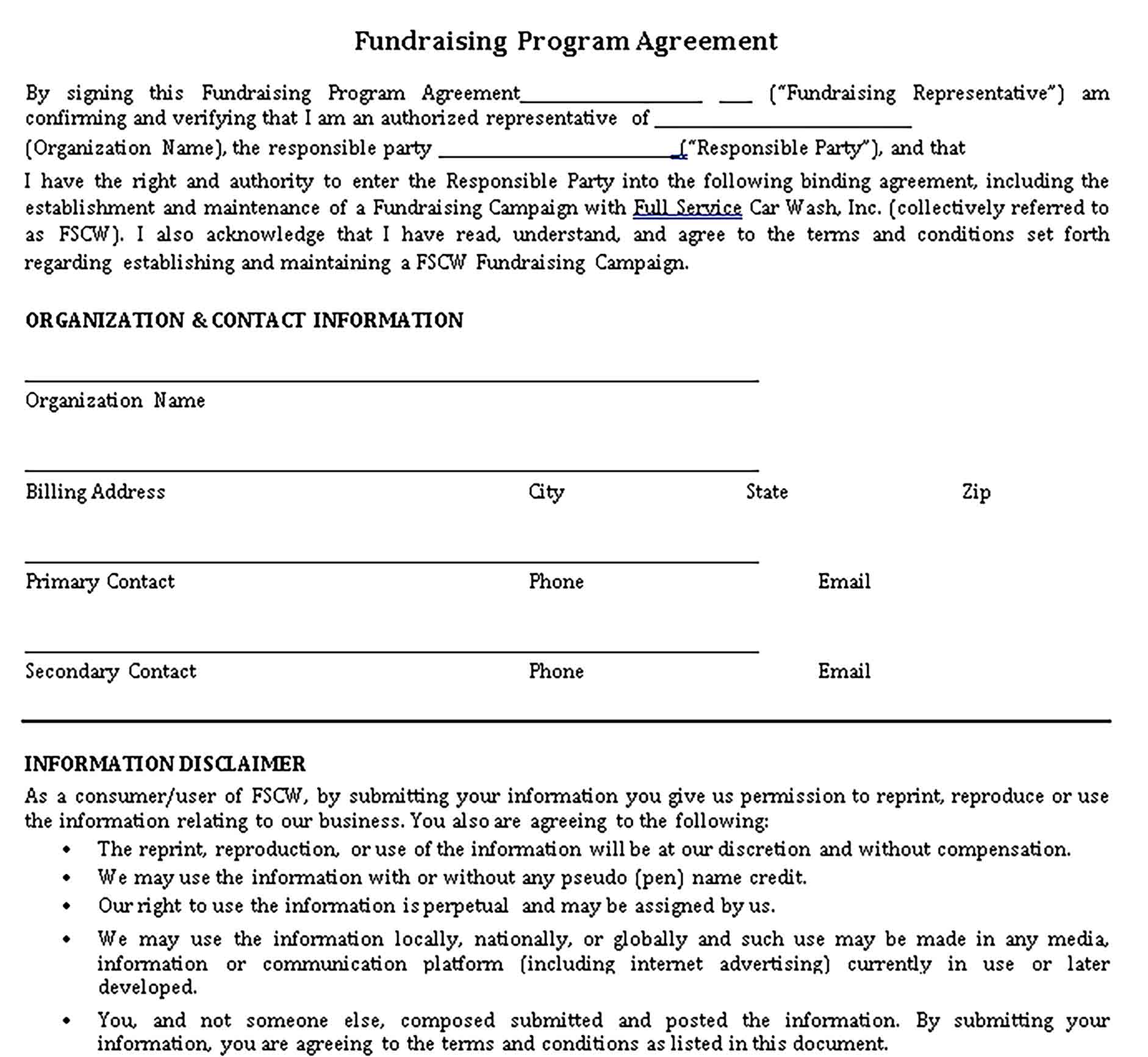 Templates Fundraising Program Agreement Format Sample