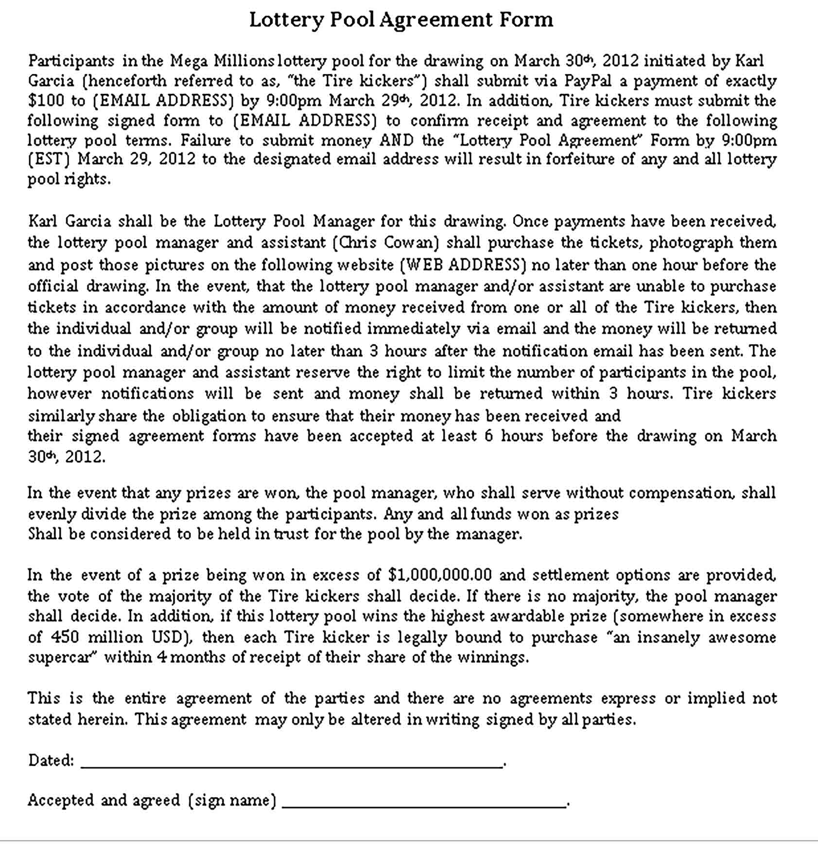 Templates General Lottery Pool Agreement Sample