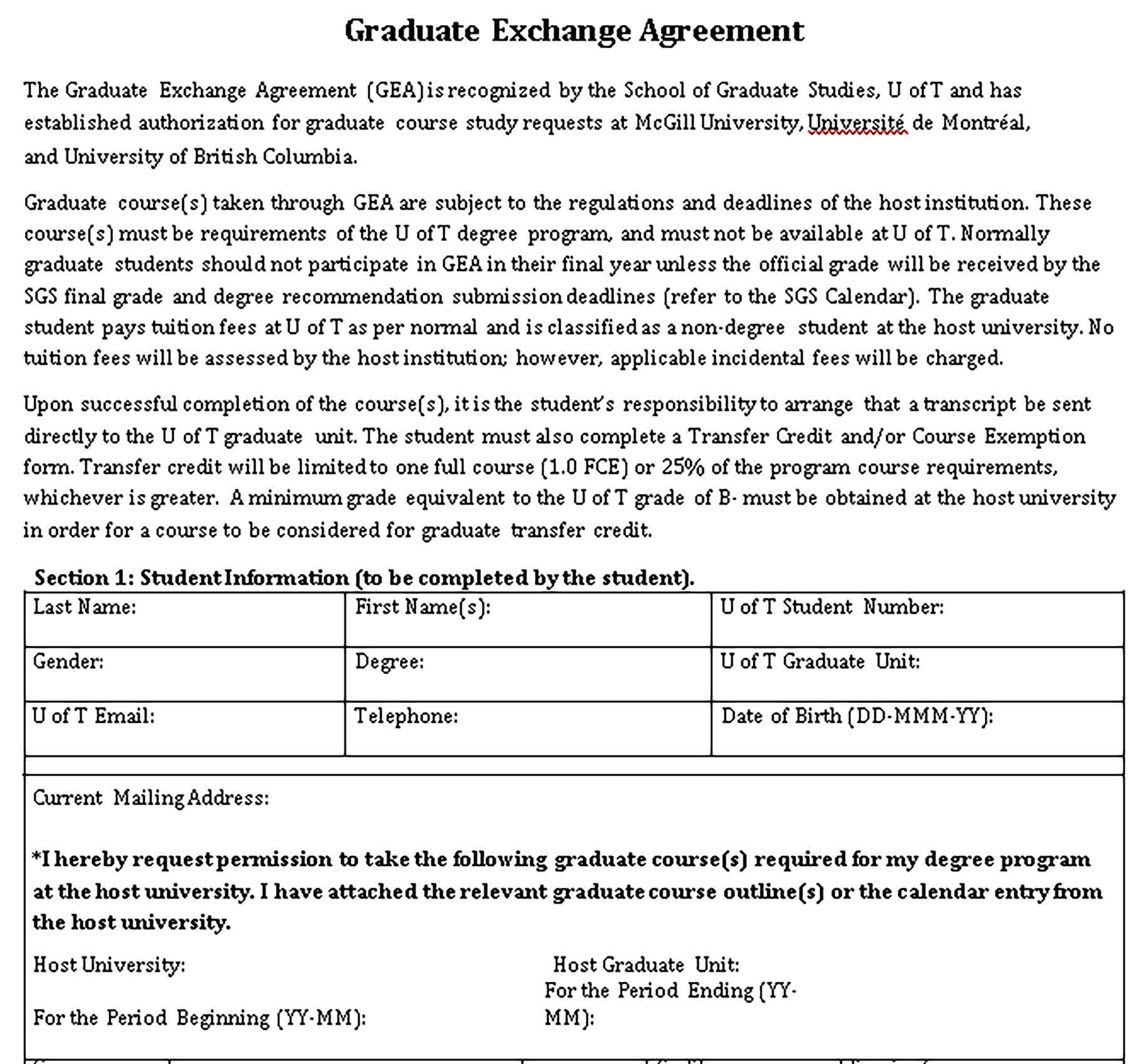 Templates Graduate Exchange Agreement Sample