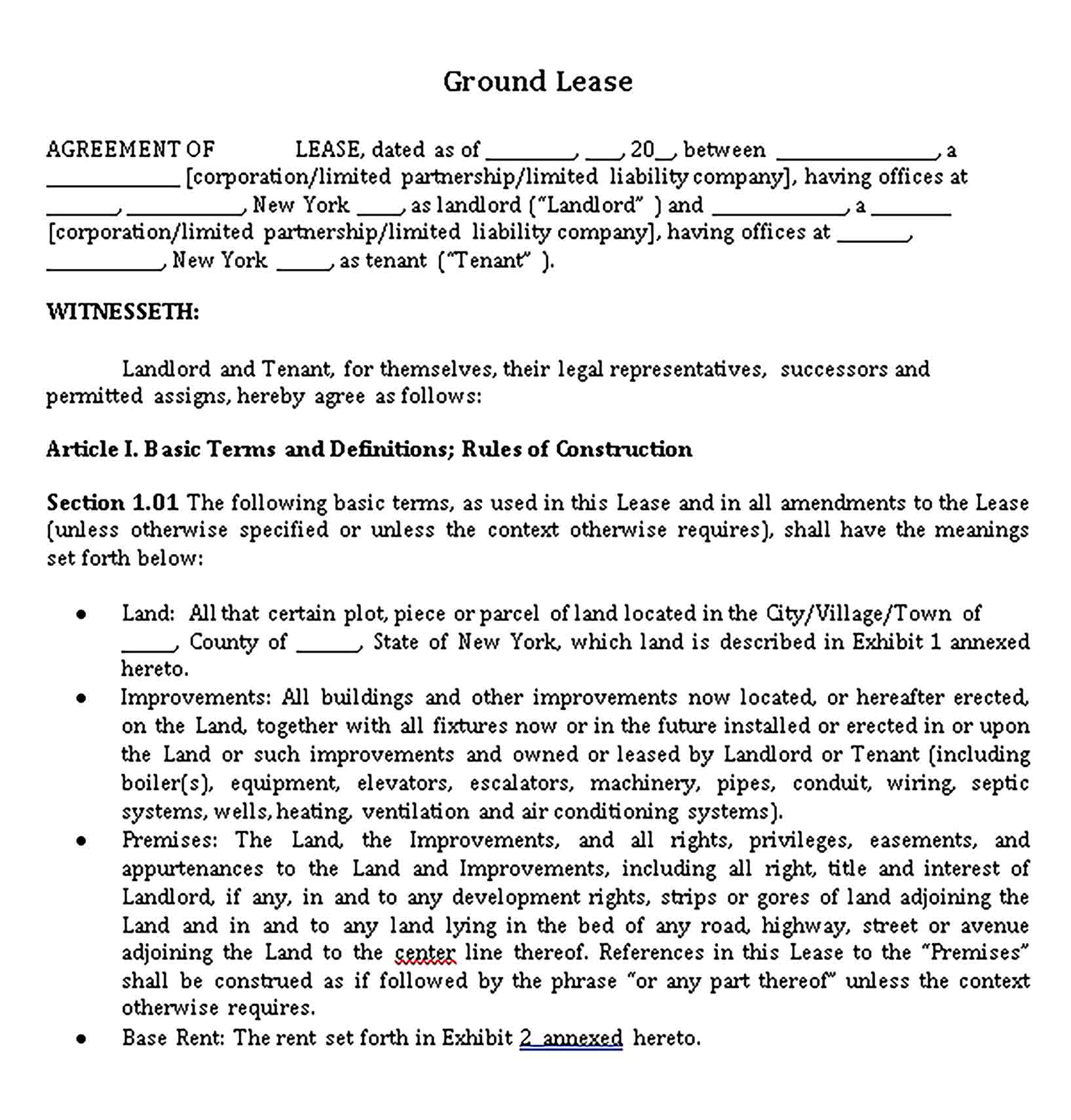 Templates Ground Lease form Sample