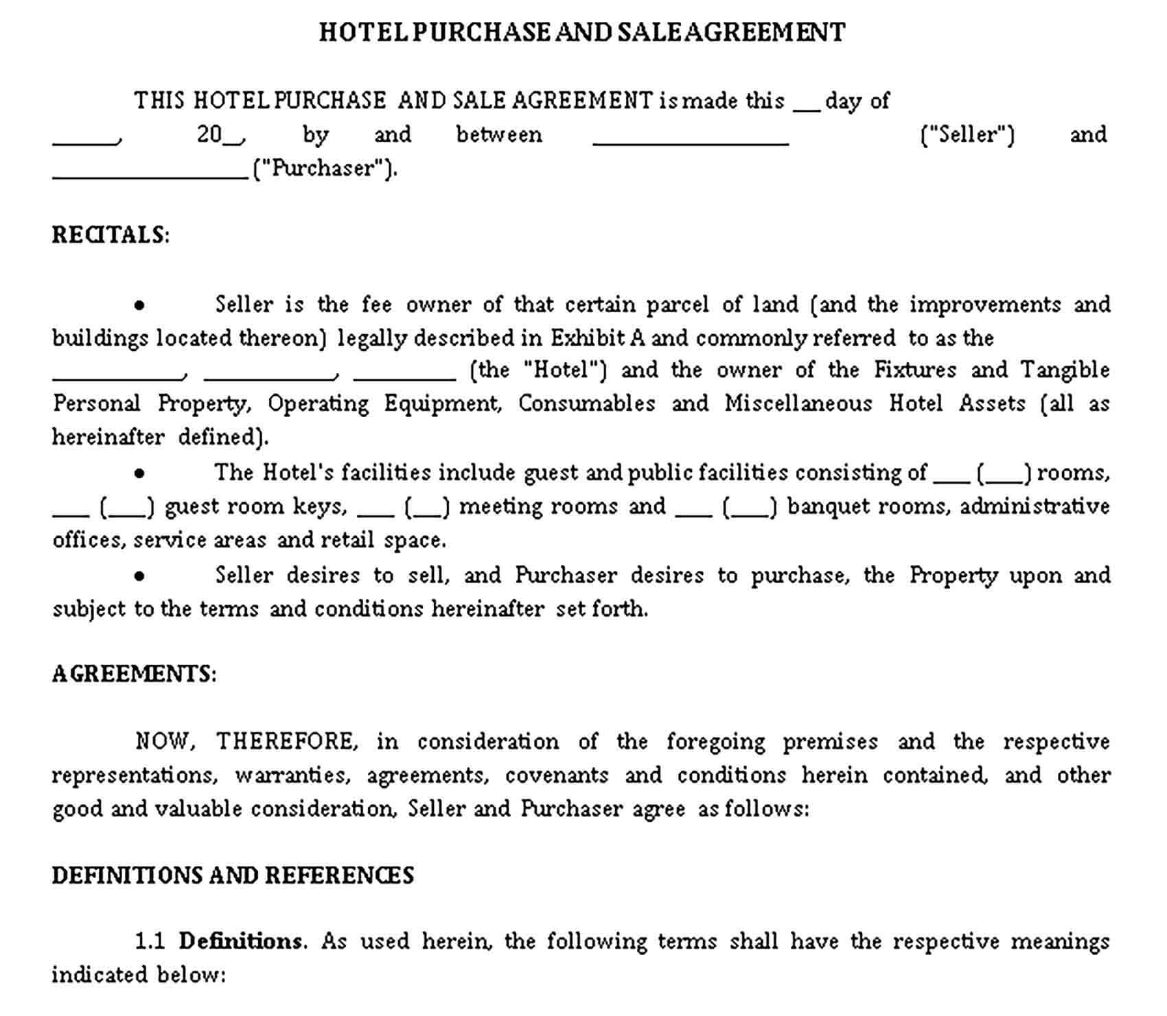 Templates Hotel Purchase and Sale Agreement Sample