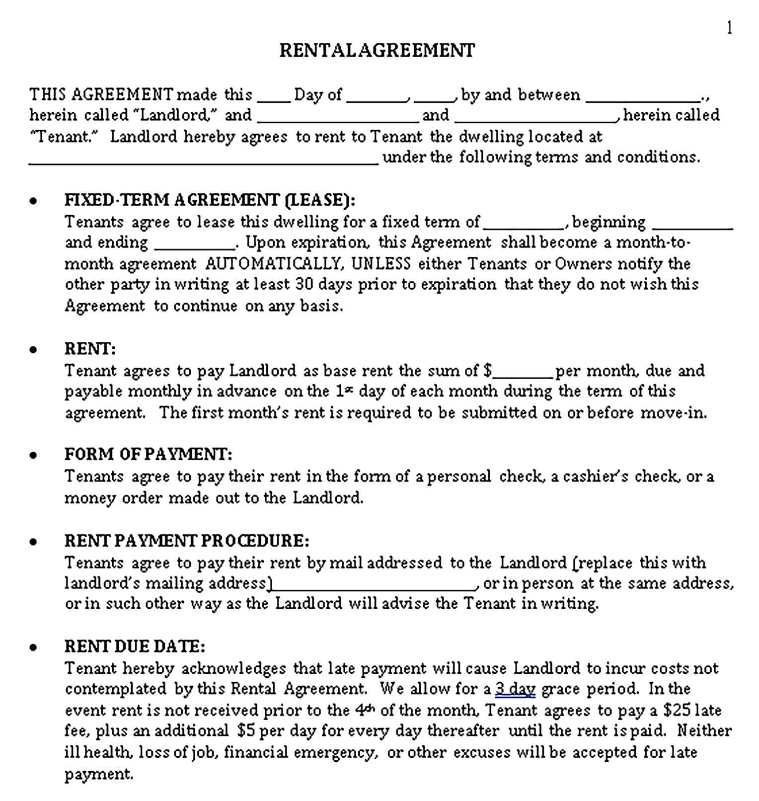 Templates House Rental Lease Agreement Format Sample
