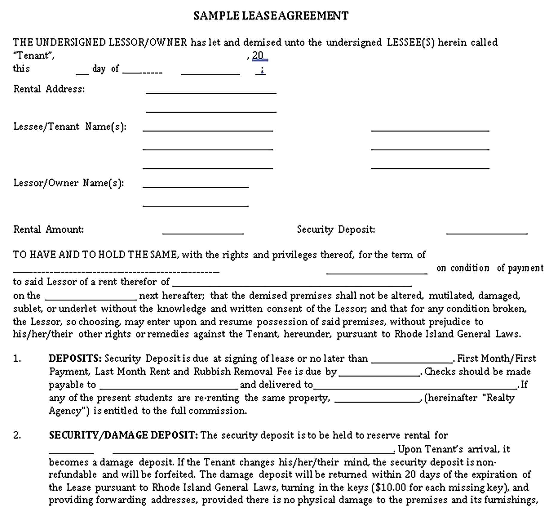 Templates House Rental Lease Agreement in Sample
