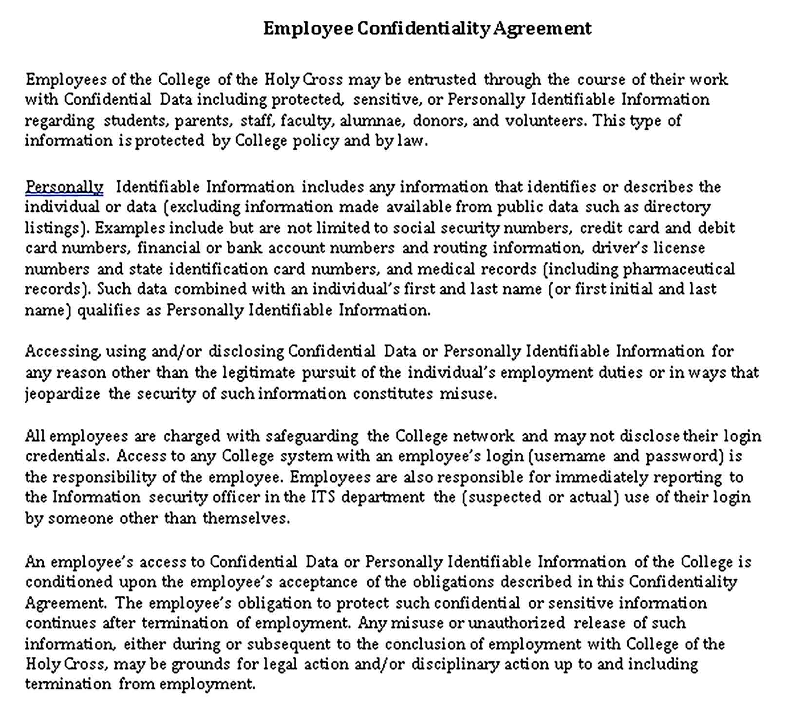 Templates Human Resources Confidentiality Agreement for Employee Sample