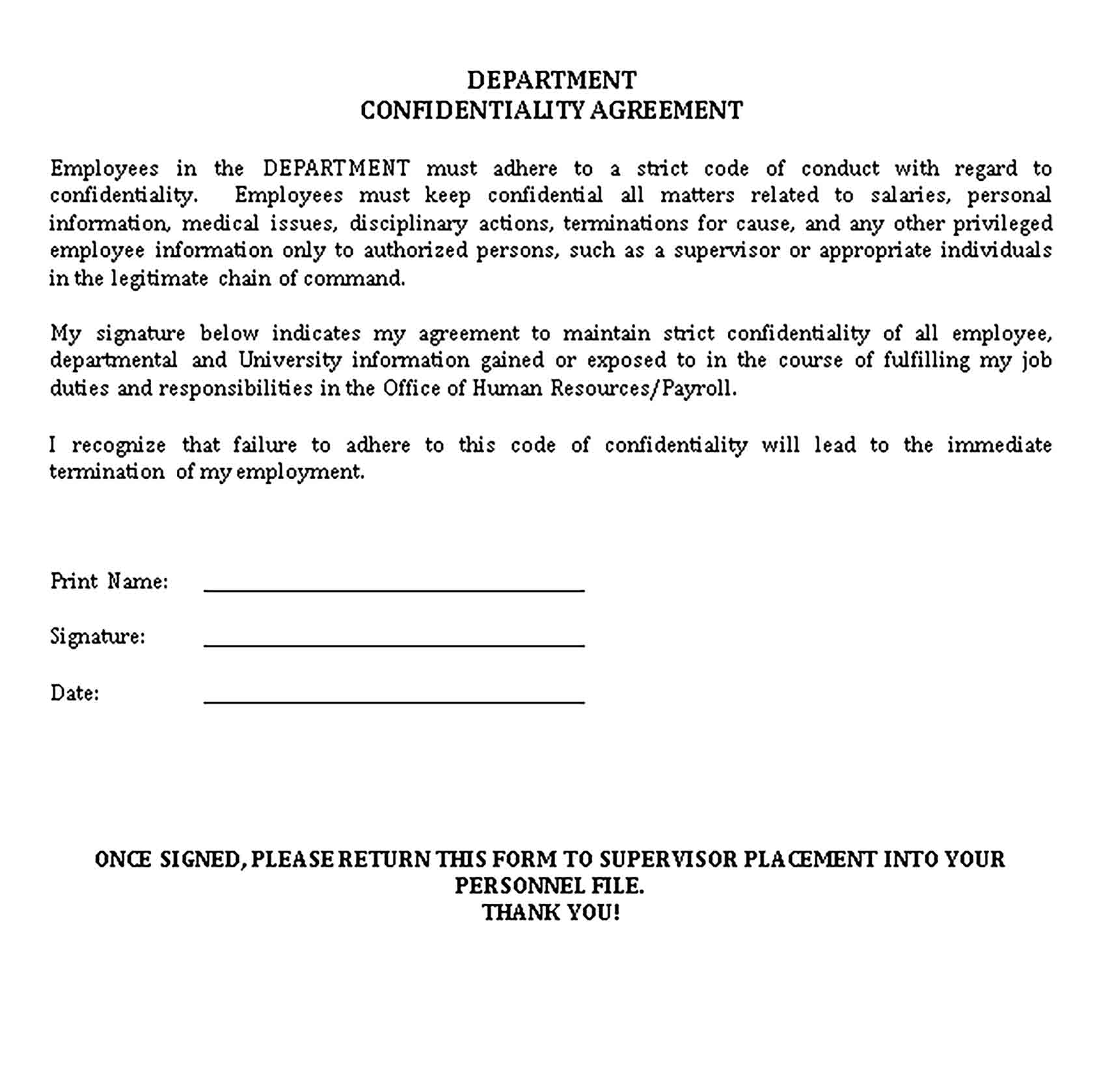 Templates Human Resources Department Confidentiality Agreement Sample