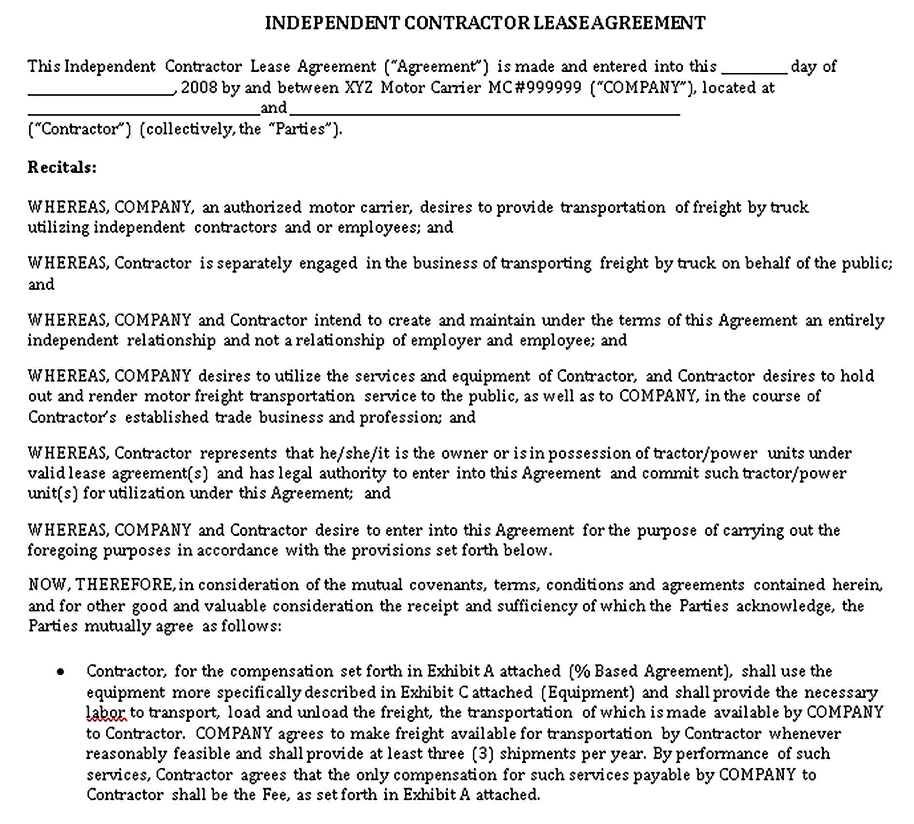 Templates Independent Contractor Driver Agreement Sample