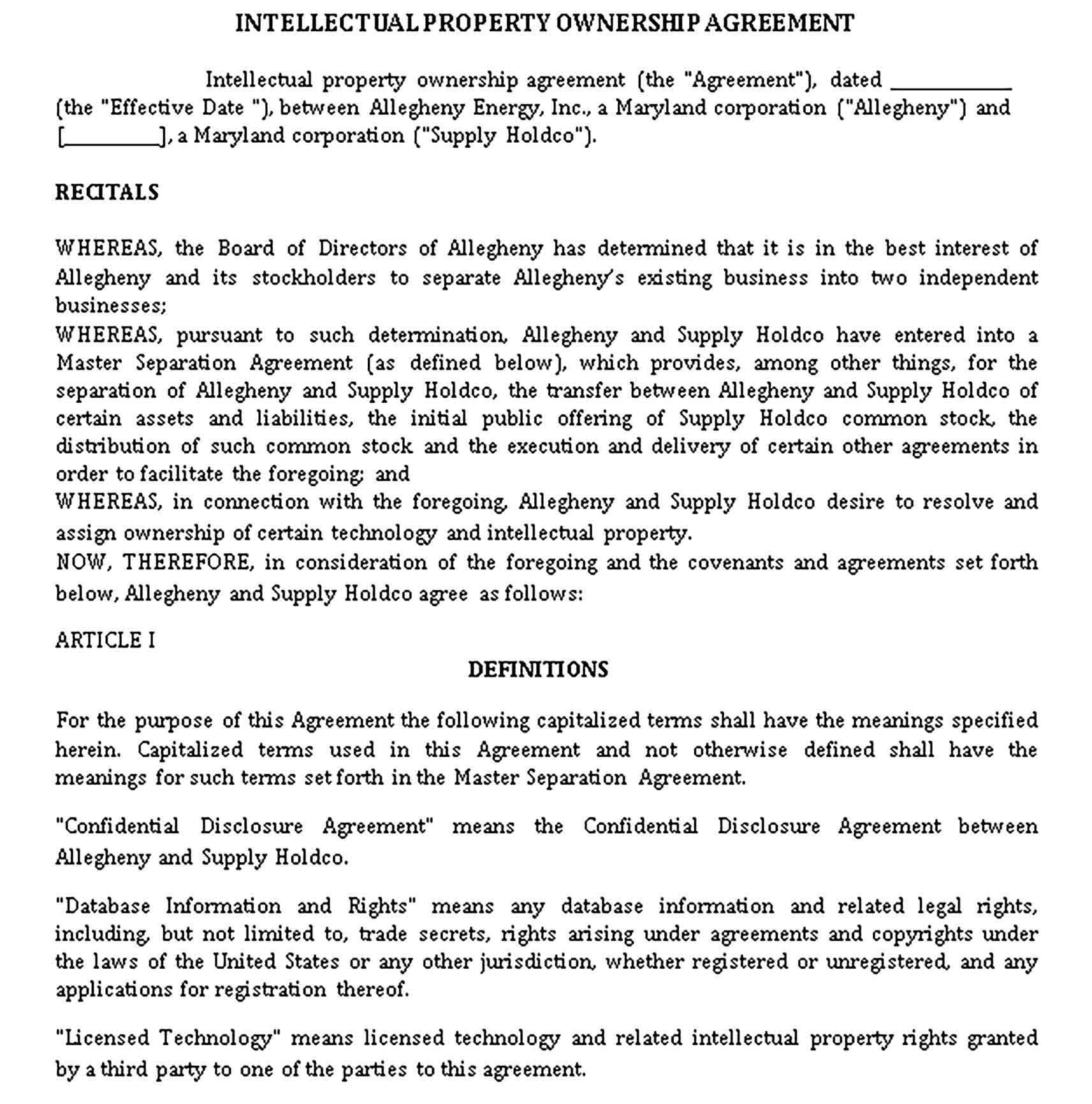 Templates Intellectual Property Ownership Agreement Sample