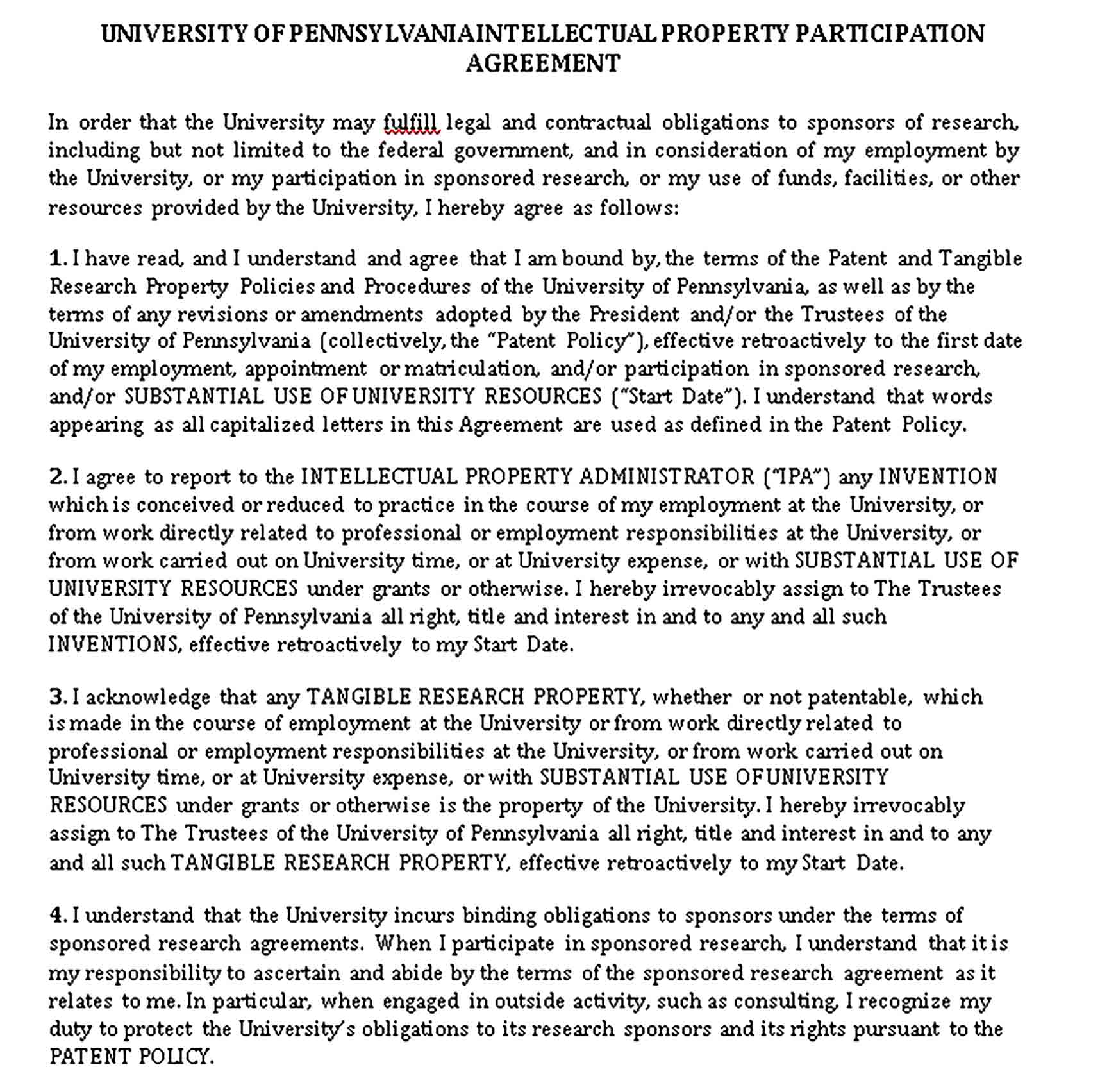 Templates Intellectual Property Participation Agreement Sample