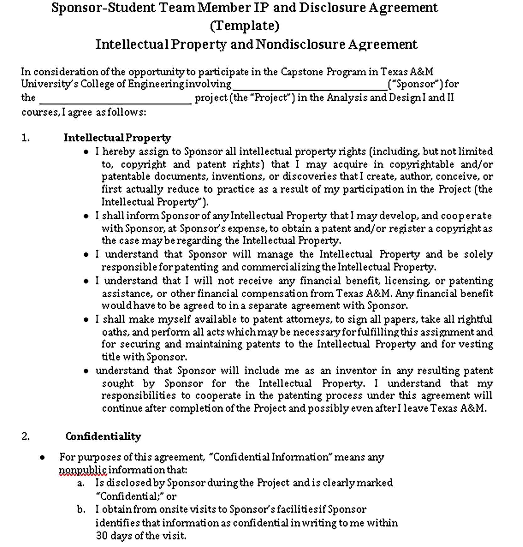 Templates Intellectual Property and Nondisclosure Agreement Sample