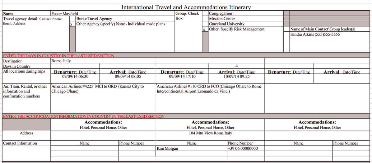 Templates International Travel Itinerary Example
