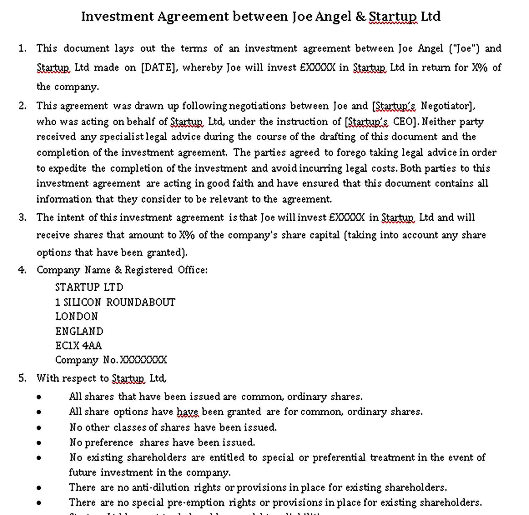 Templates Investment Agreement Between Angel Startup Sample