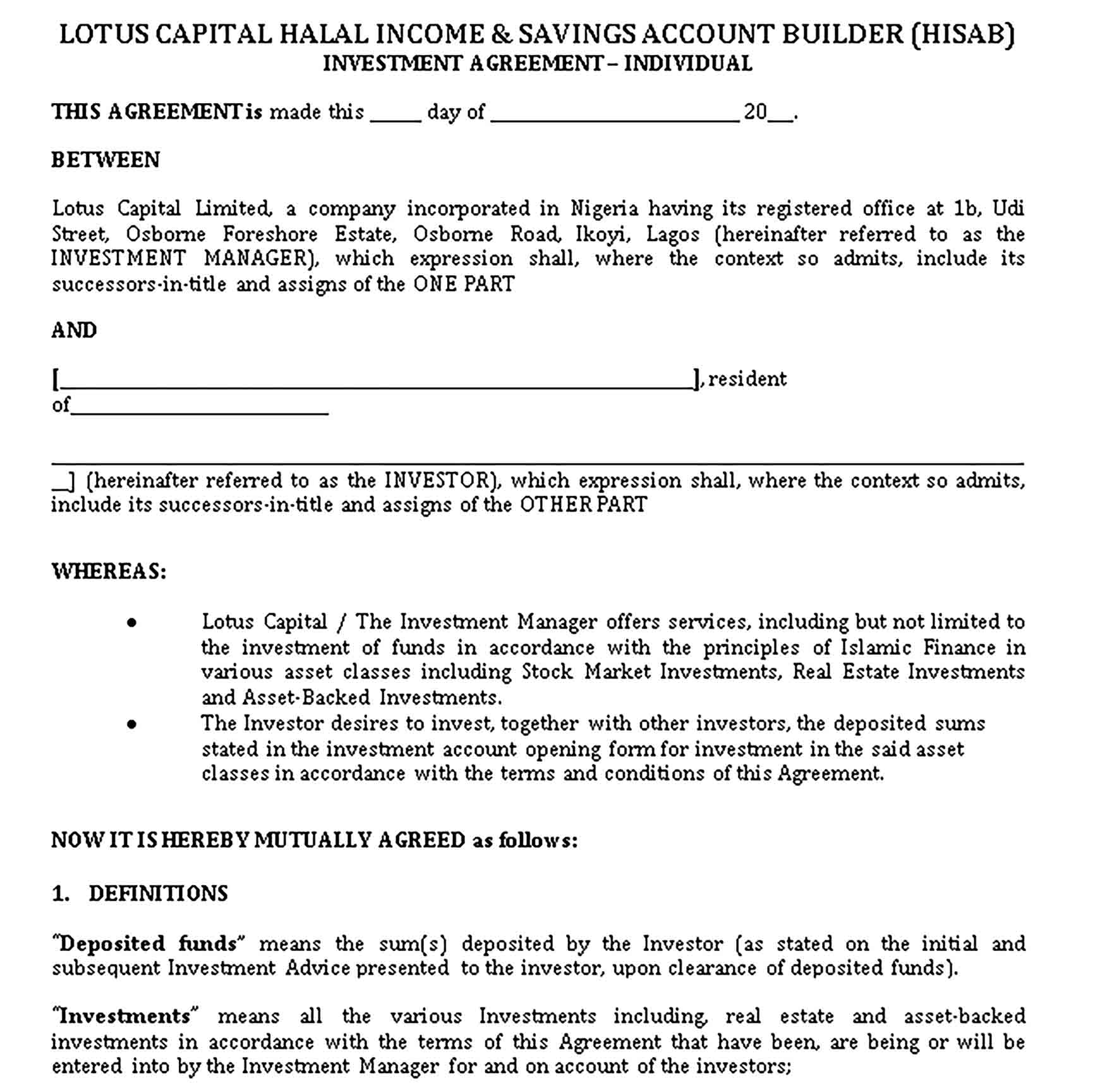 Templates Investment Agreement Format Sample