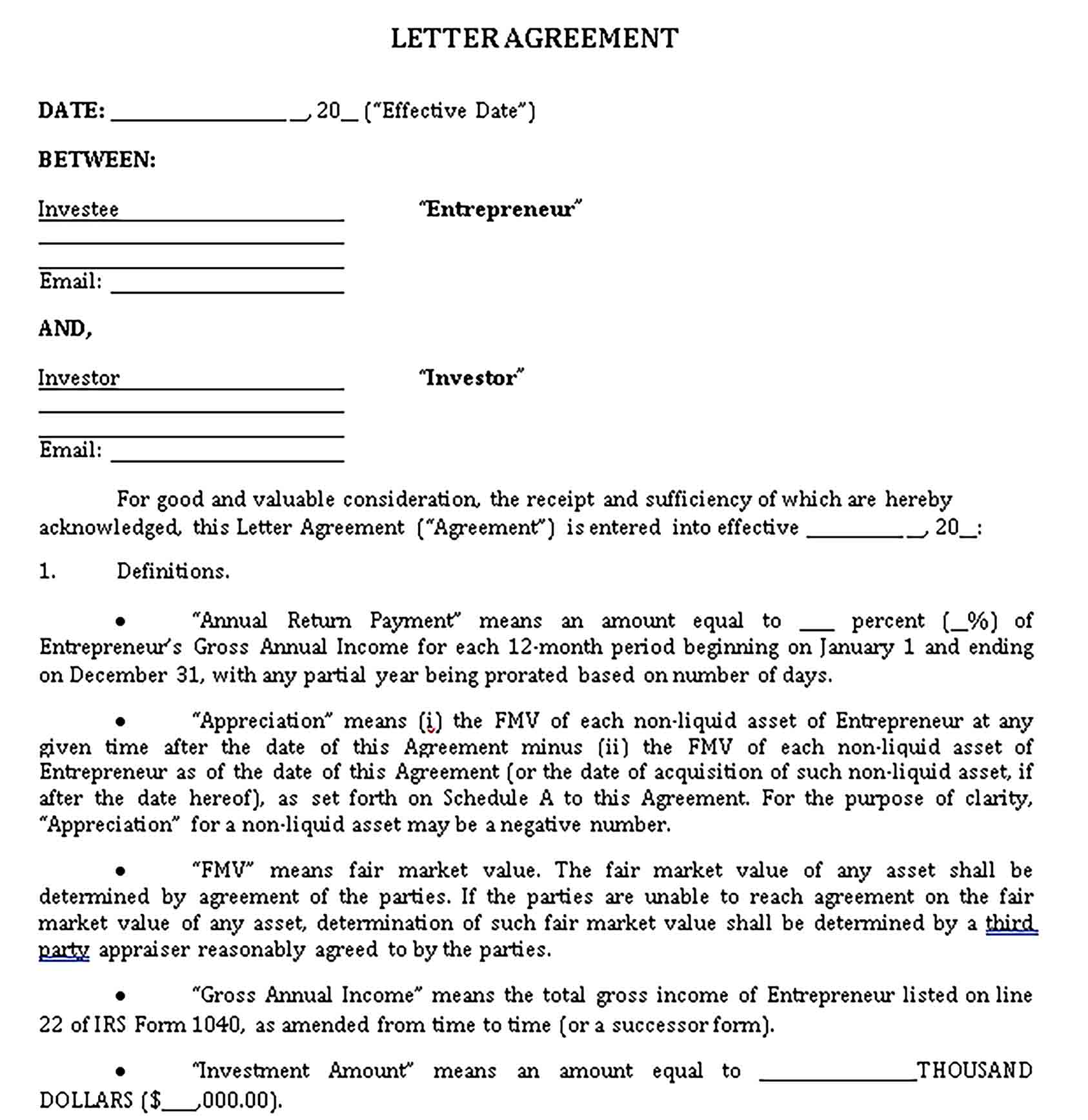 Templates Investment Agreement Letter Sample