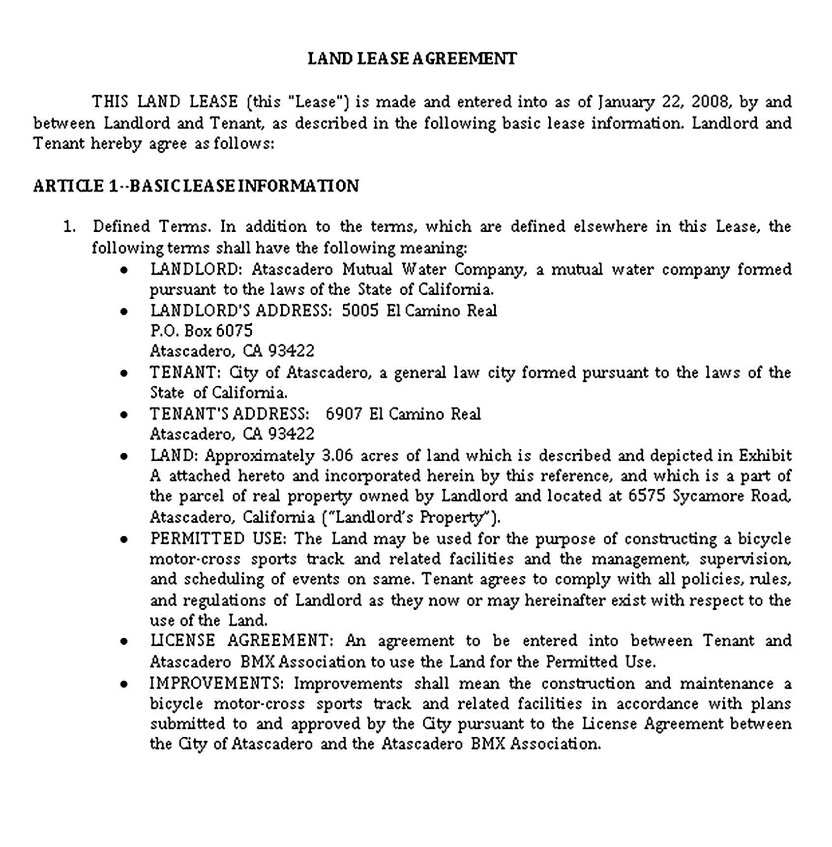 Templates Land Lease Agreement Sample