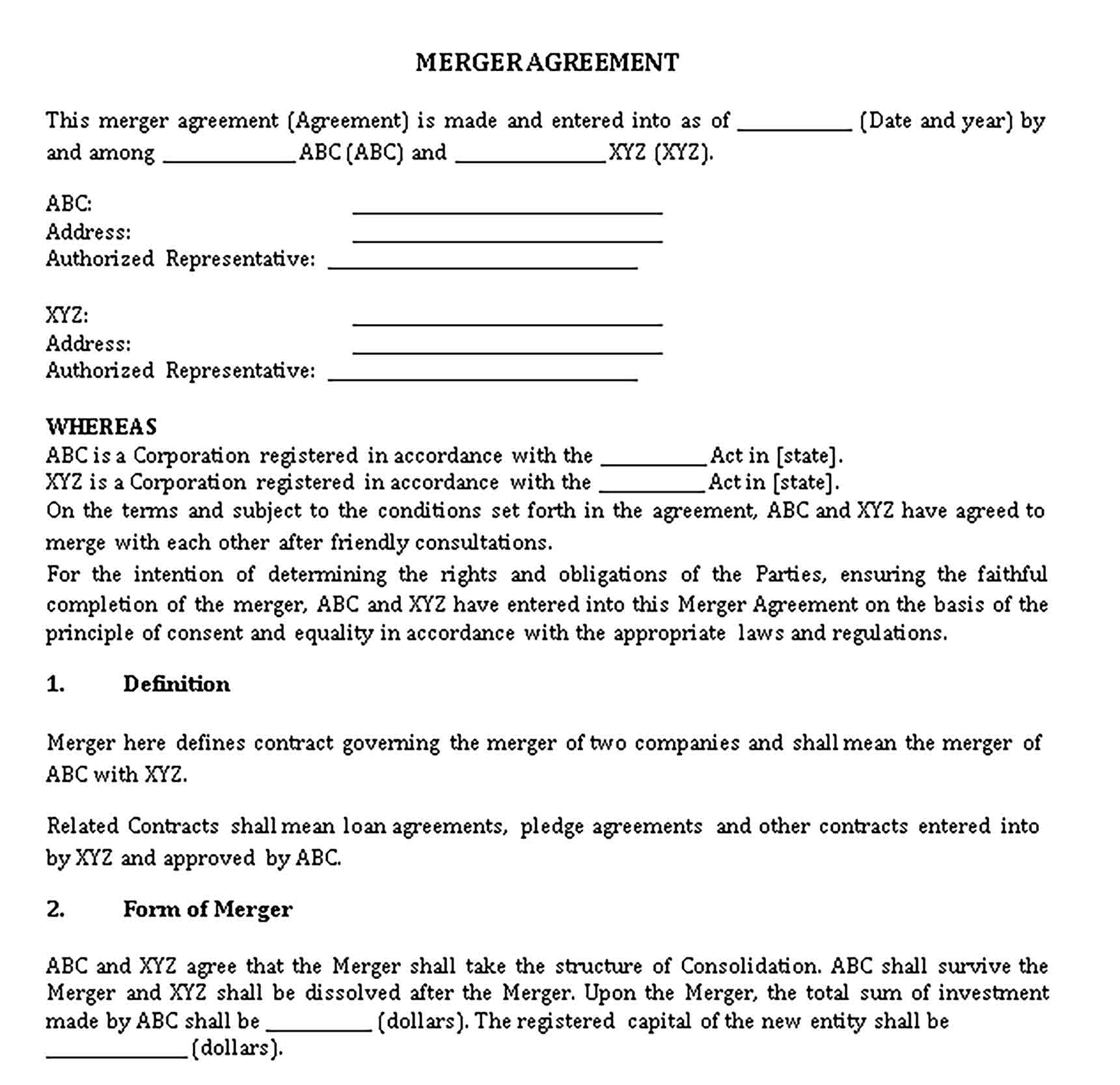 Templates Law Merger Agreement Sample