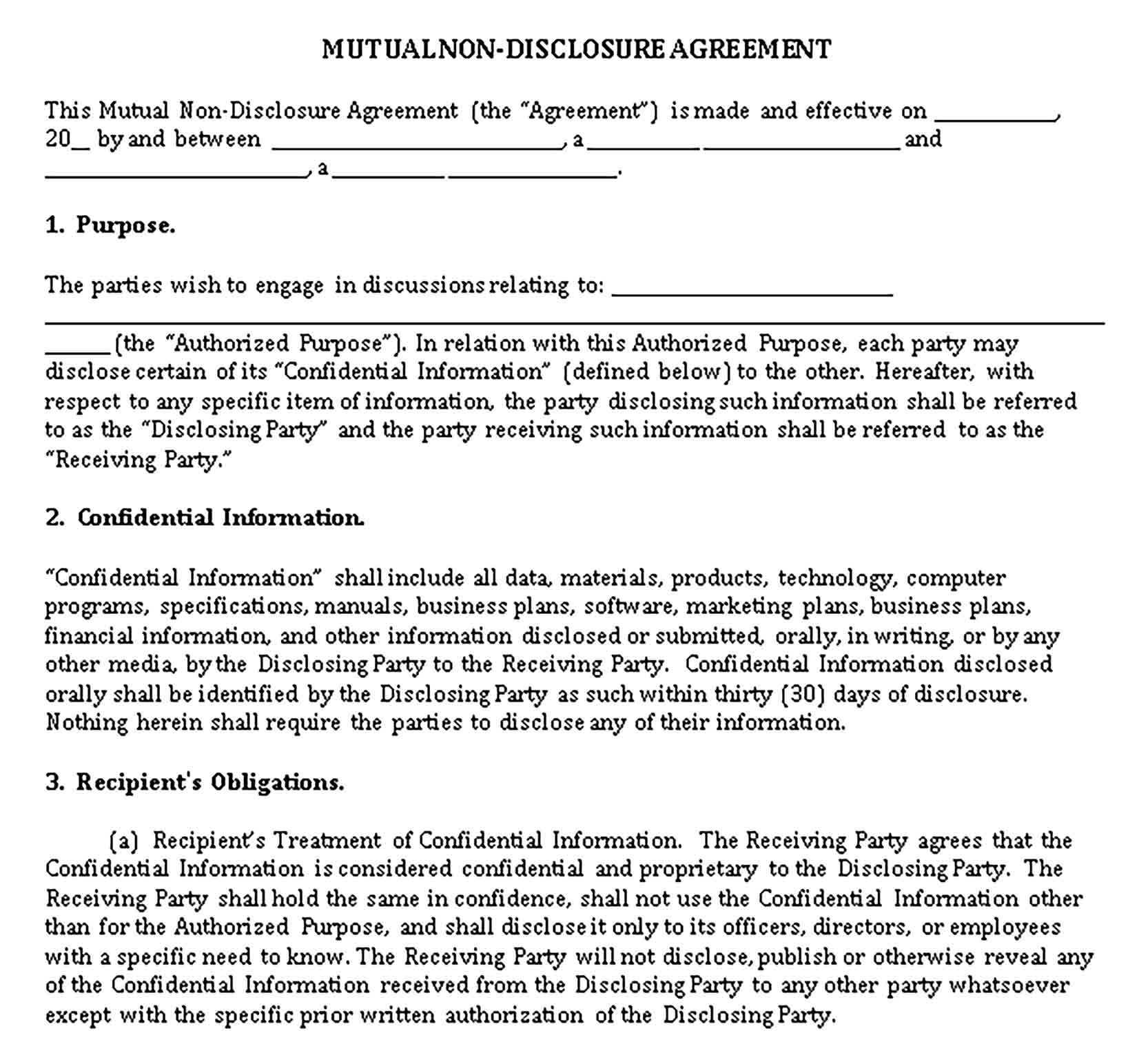 Templates Legal Document Confidentiality Agreement Sample