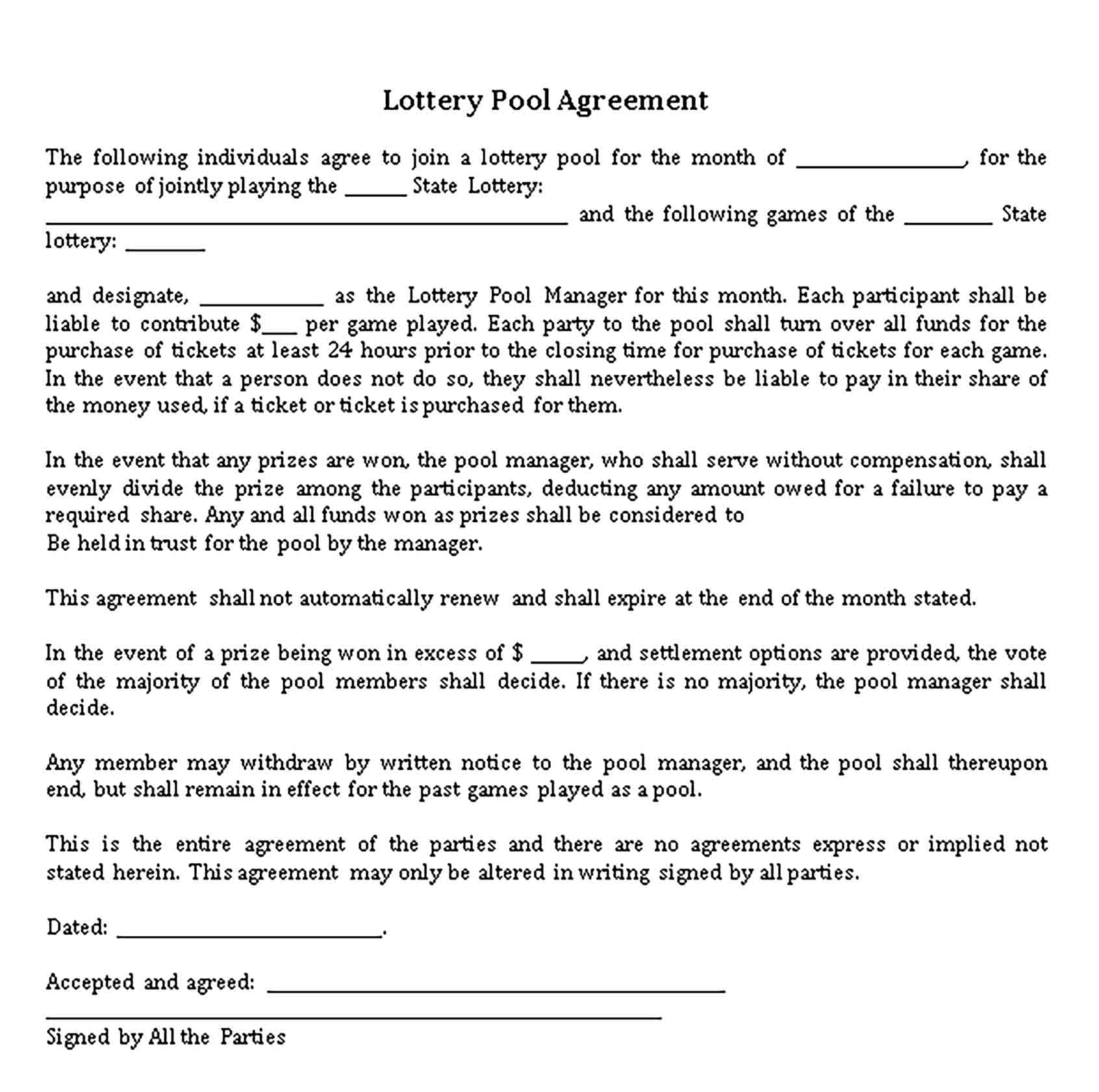 Templates Legal Lottery Pool Agreement Sample
