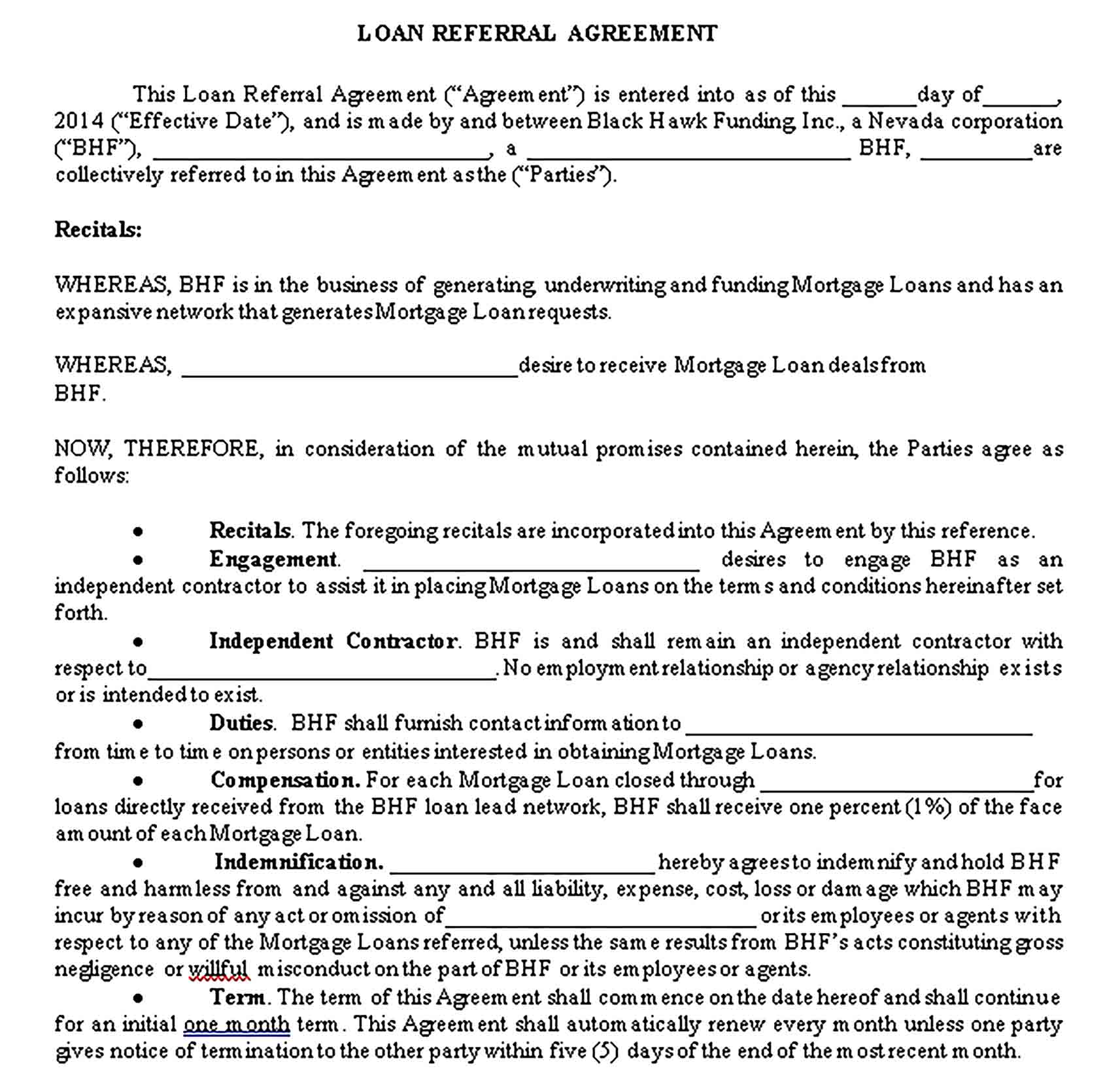 Templates Loan Referral Agreement Sample