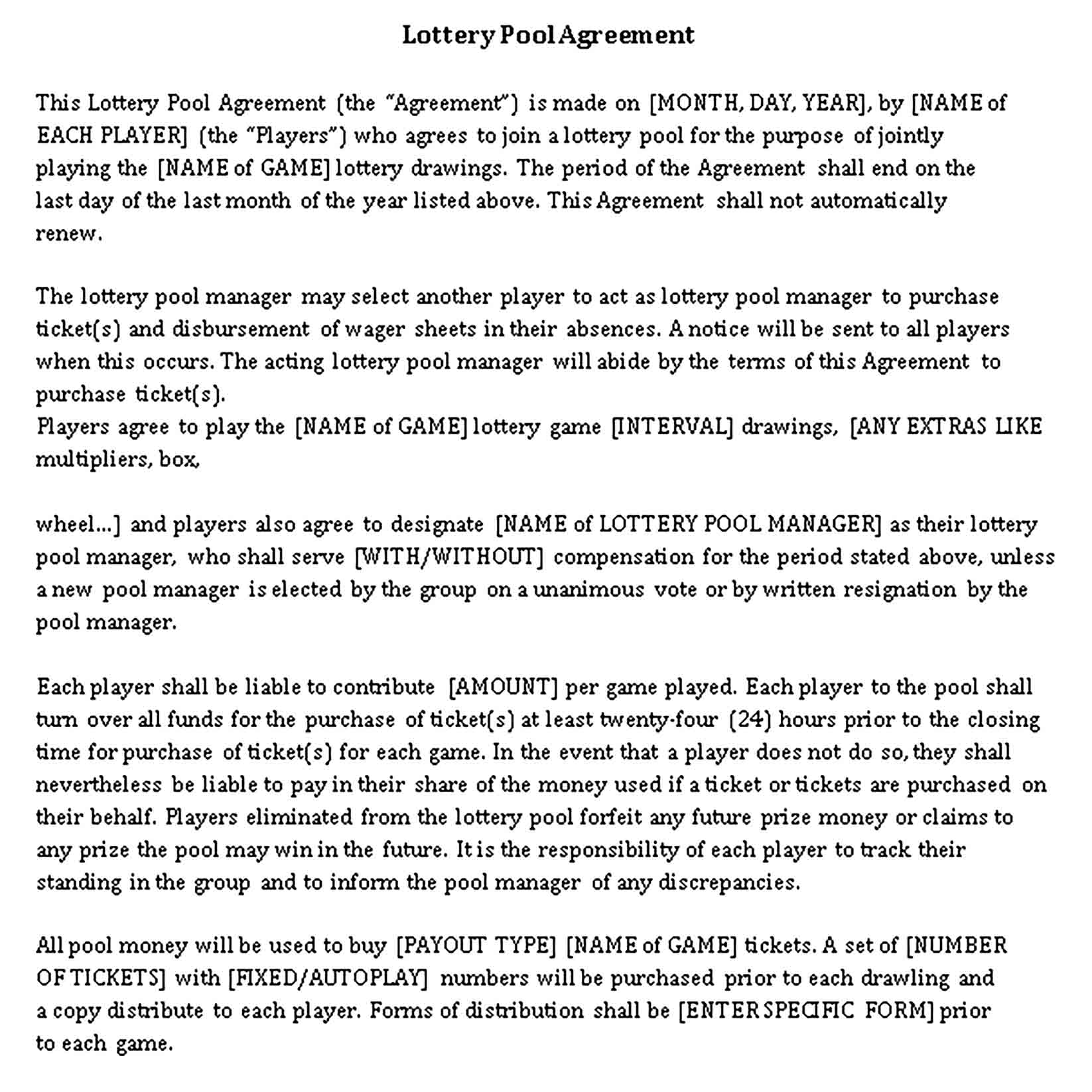 Templates Lottery Pool Agreement Sample