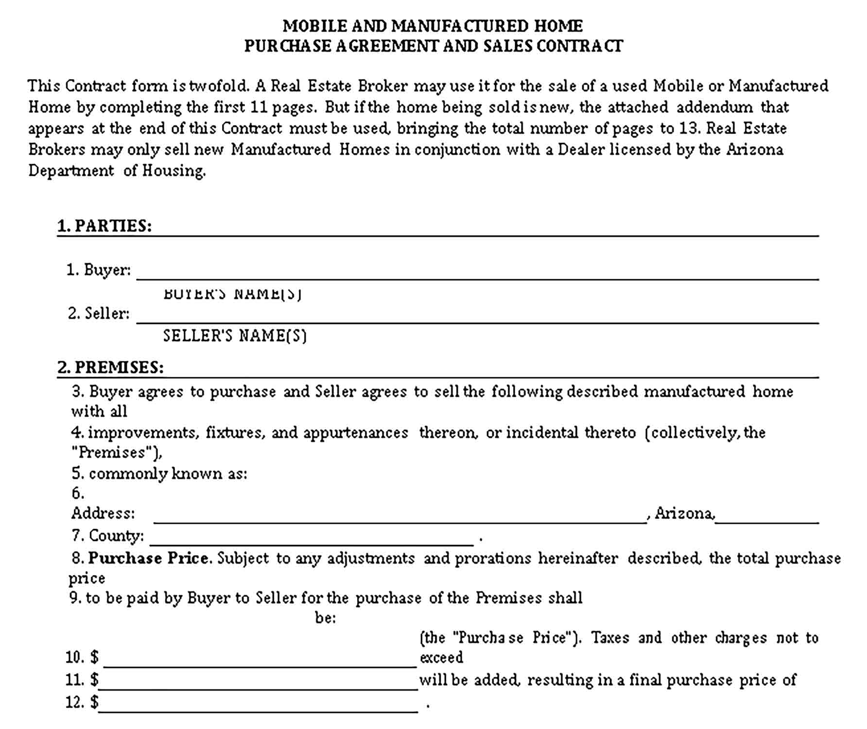 Templates Mobile and Manufactured Home Purchase Agreement Sample