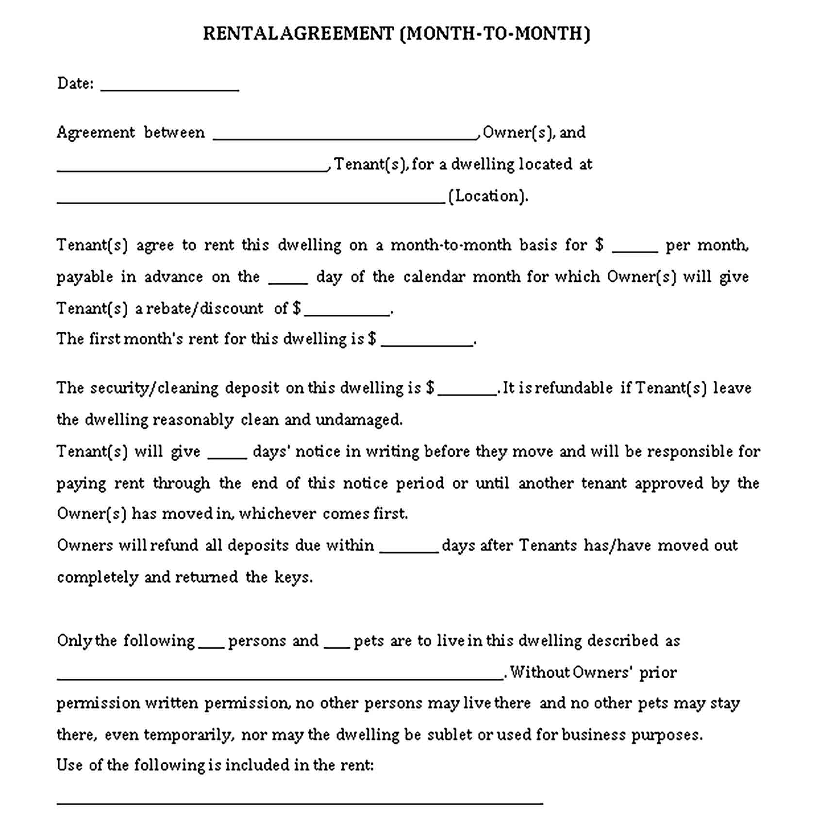 Templates Month to Month Rental Agreements Sample