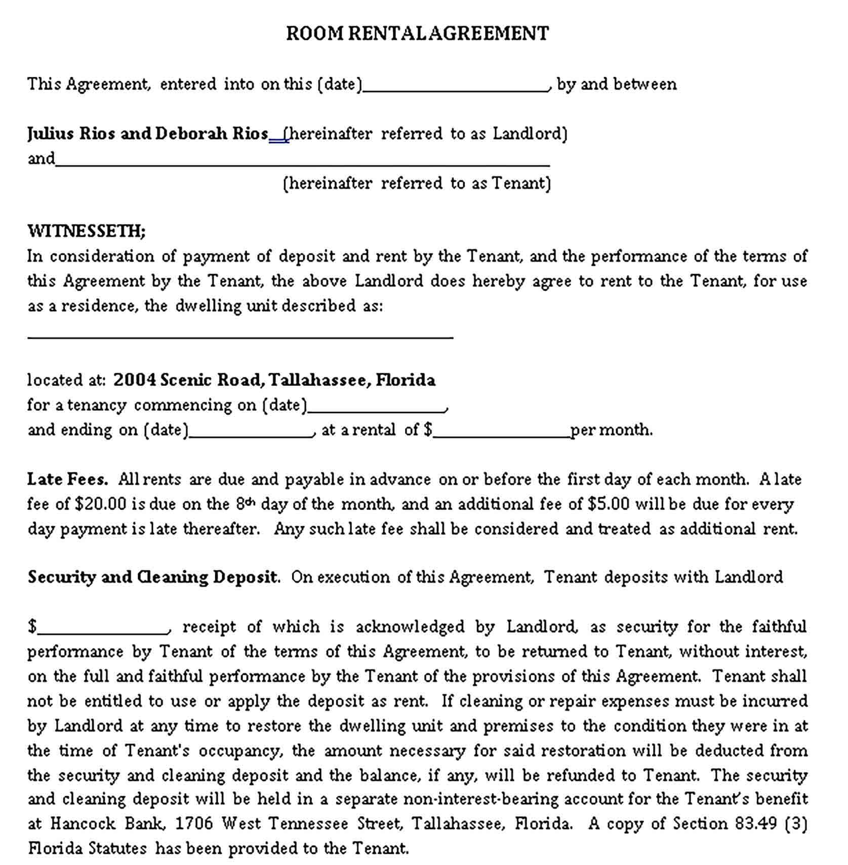 Templates Month to Month Room Rent Agreement Sample