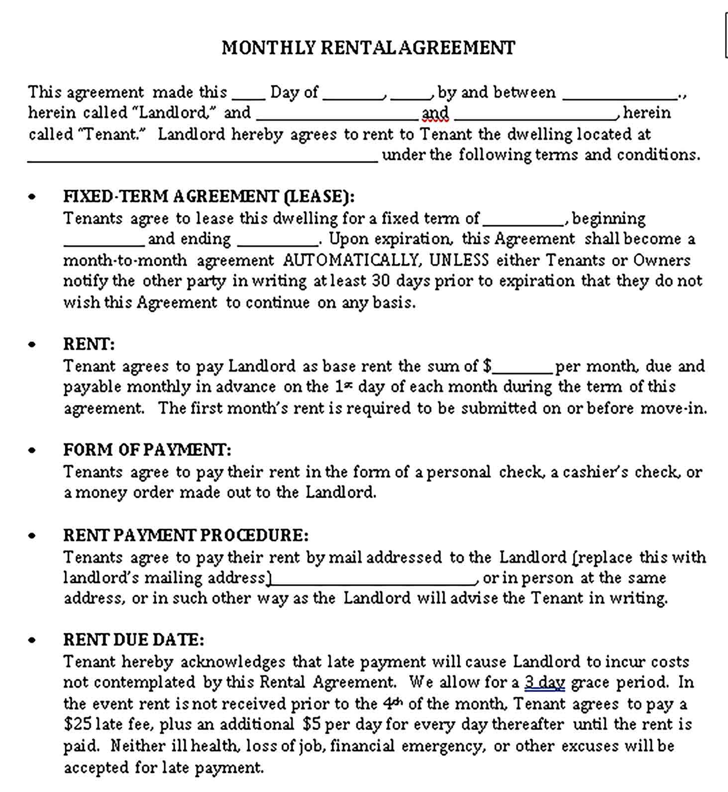 Templates Monthly House Rental Agreement Sample